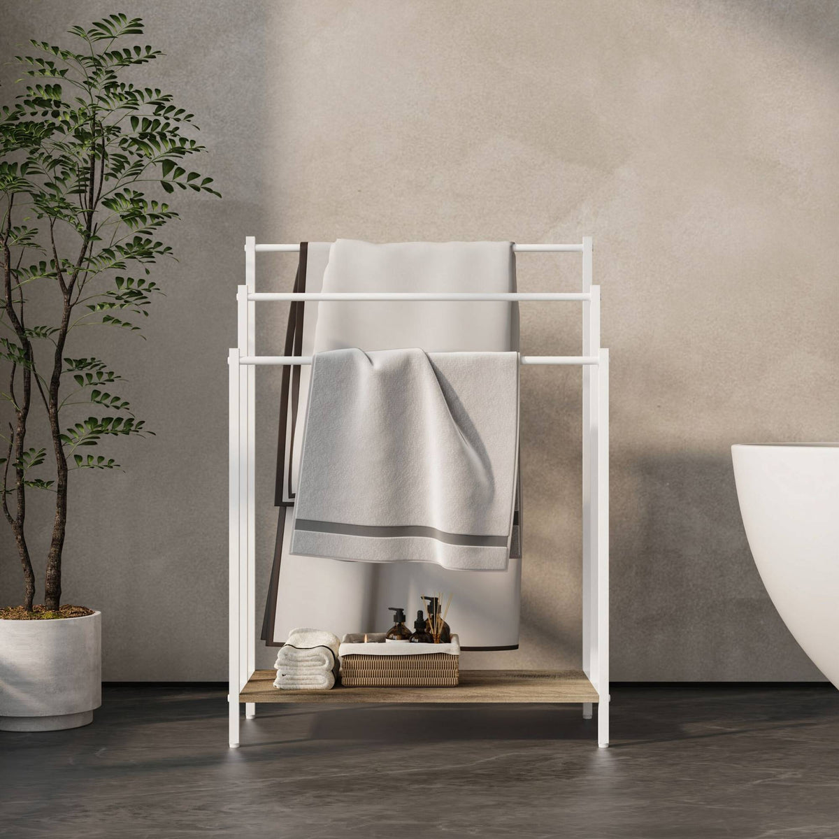 Towel Rack with Shelf – Freestanding, Metal Frame