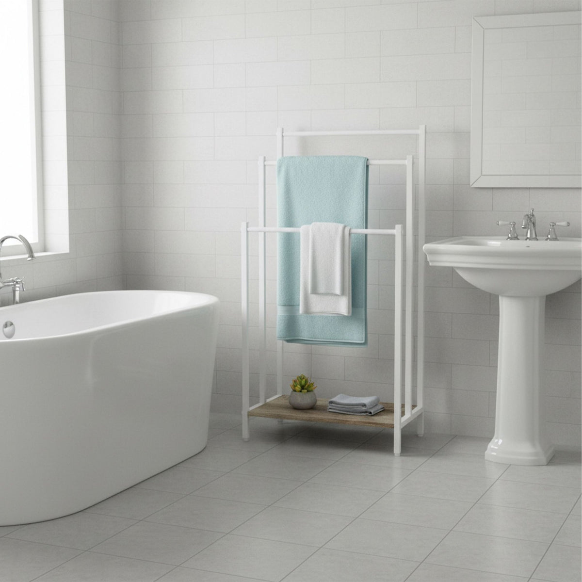 Towel Rack with Shelf – Freestanding, Metal Frame