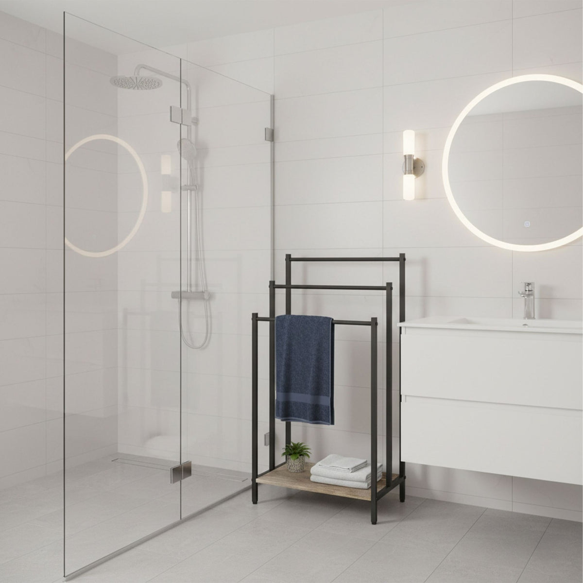 Towel Rack with Shelf – Freestanding, Metal Frame
