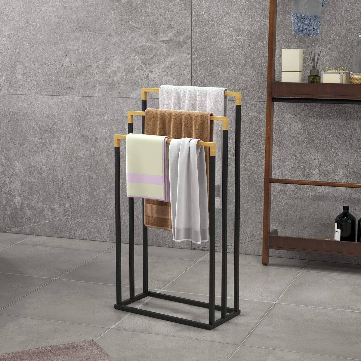 Towel Stand 3 Bars Steel Bamboo Bath Towel Holder Black