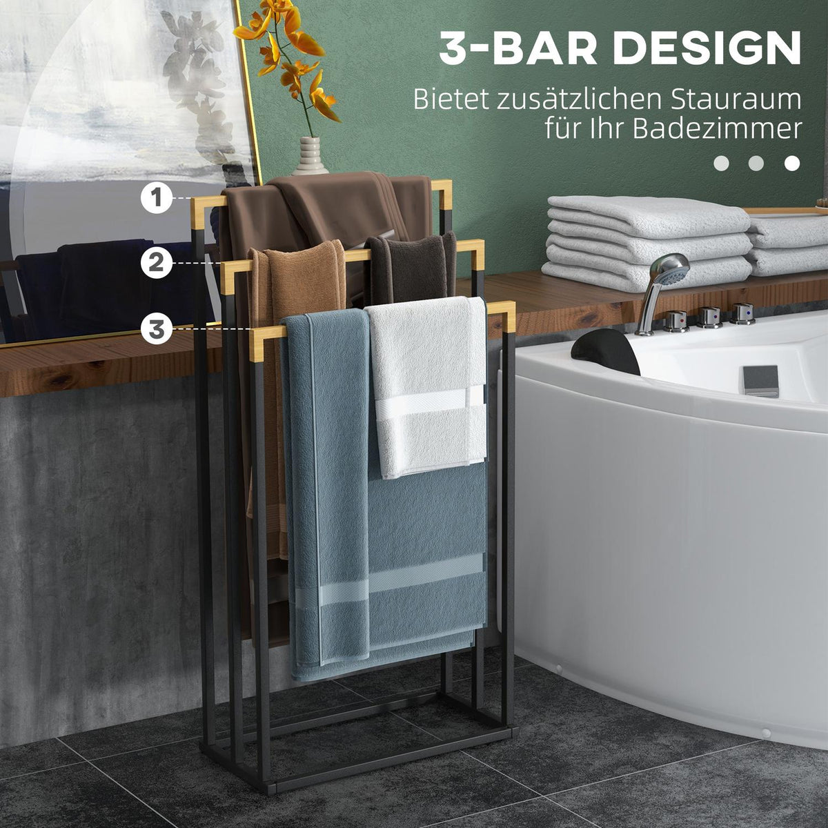 Towel Stand 3 Bars Steel Bamboo Bath Towel Holder Black