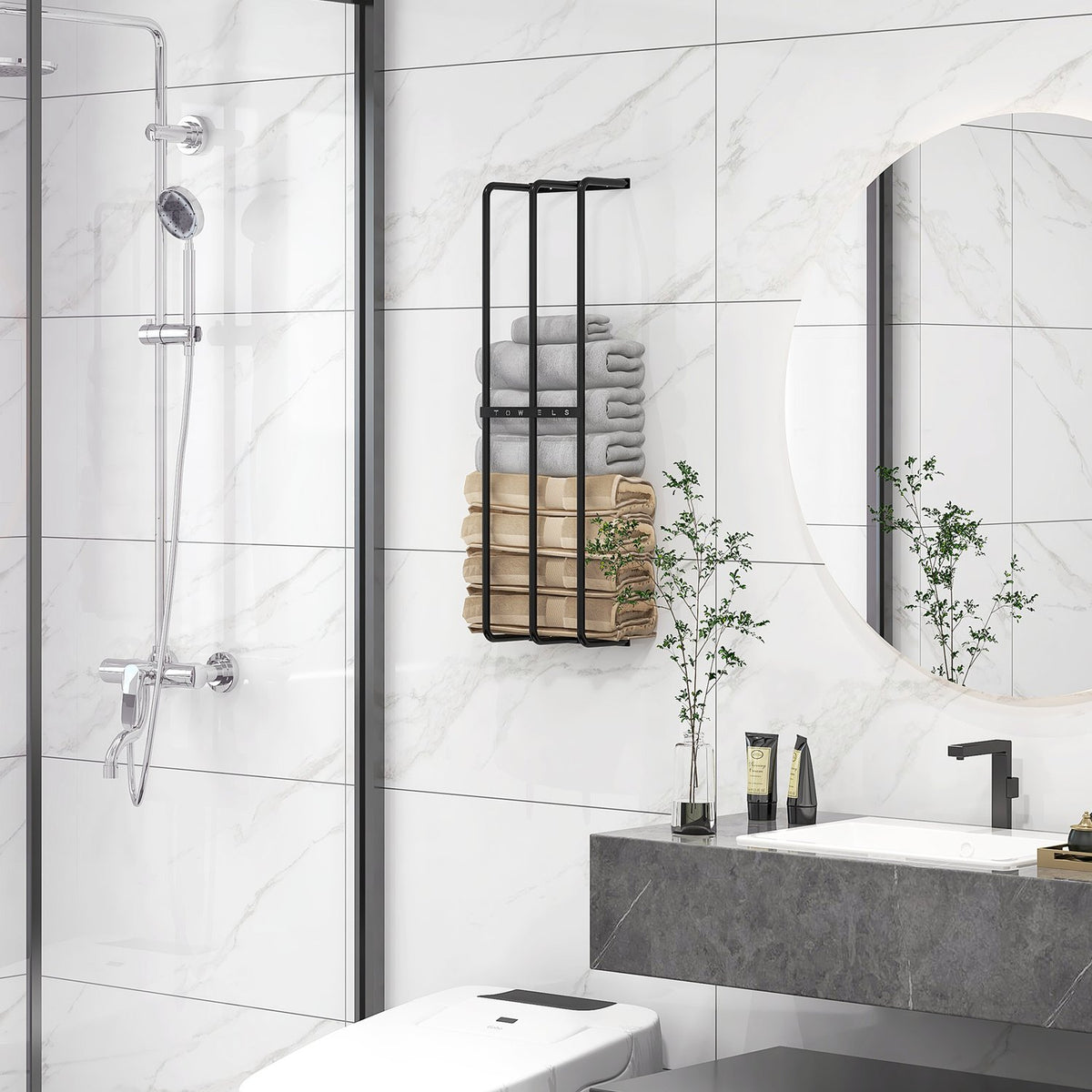 Towel rack wall mounted, bath towel rack for 6 large size (160 x 100 cm) rolled towels, guest towel rack, metal
