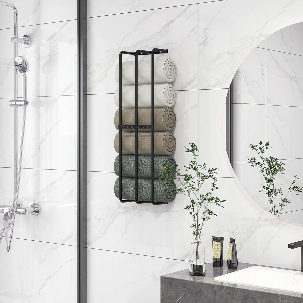 Towel rack wall mounted, bath towel rack for 6 large size (160 x 100 cm) rolled towels, guest towel rack, metal