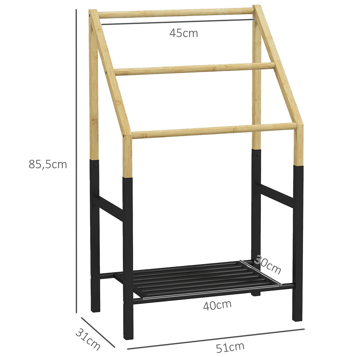 Towel rail, freestanding, 3 bars, 51x31x85.5cm, black/natural wood
