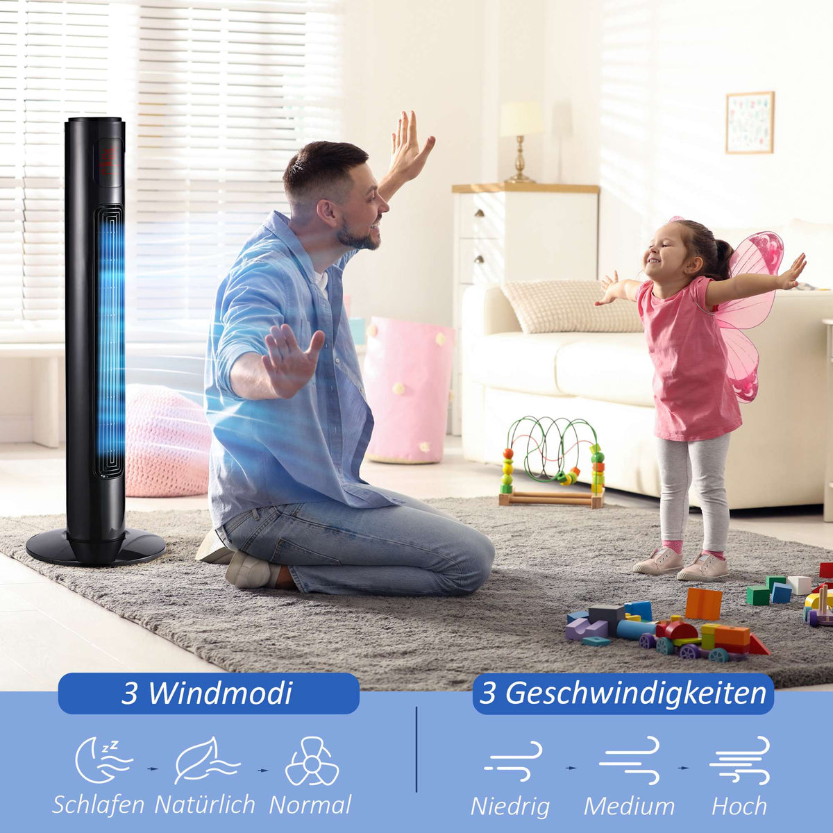 Tower Fan, Black, Remote Control, 3 Speeds, 70 Oscillation