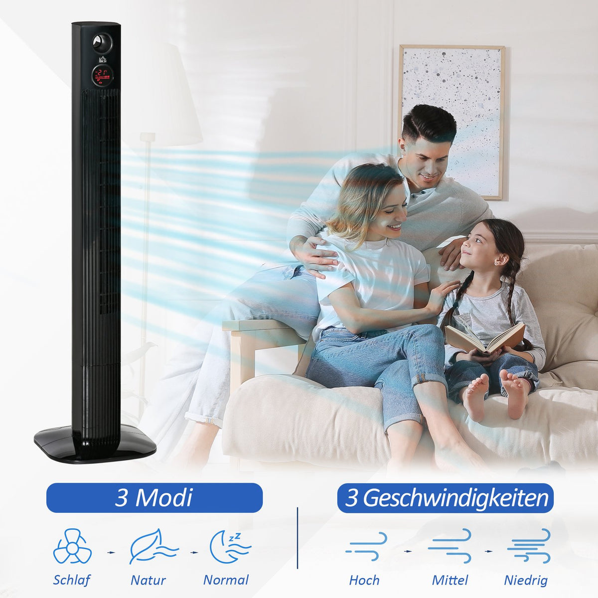 Tower Fan Column Fan With Remote Control, Aroma Diffuser, Timer, 3 Levels, 45W, 70° Oscillation, Black
