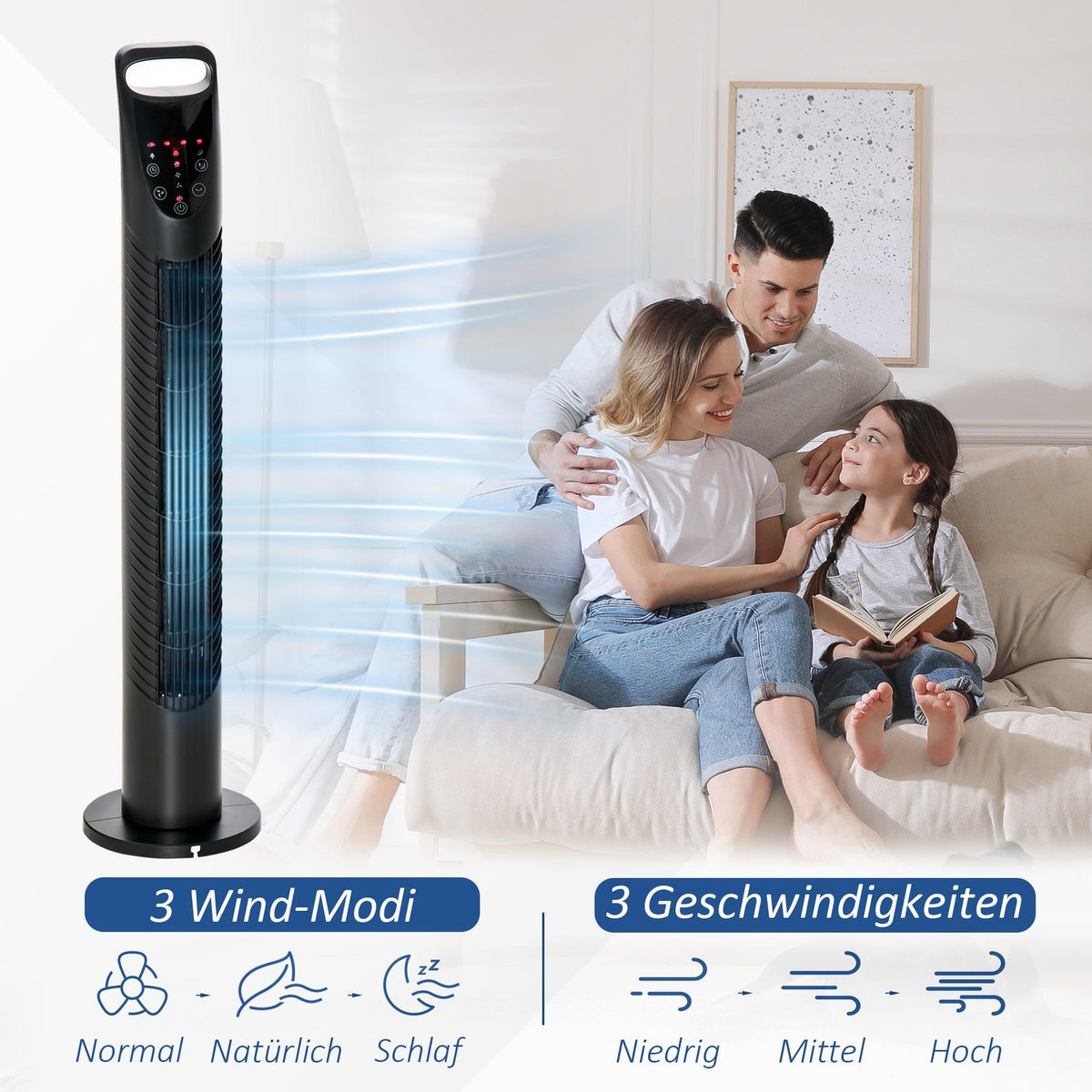 Tower Fan Quiet Stand Fan 3 Levels 7.5H Timer 40W Remote Control 70° Oscillation Bedroom Black