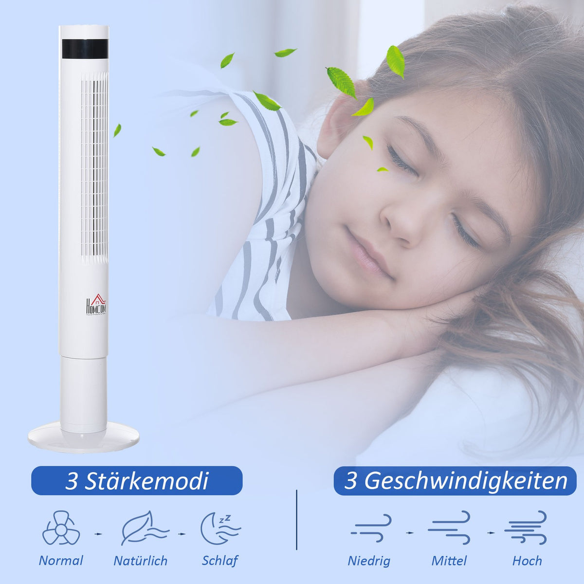 Tower Fan With Remote Control 85° Oscillating, 110Cm, 50W, 3 Modes & Speeds, Steel, White