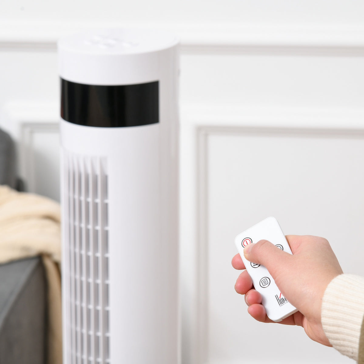 Tower Fan With Remote Control 85° Oscillating, 110Cm, 50W, 3 Modes & Speeds, Steel, White