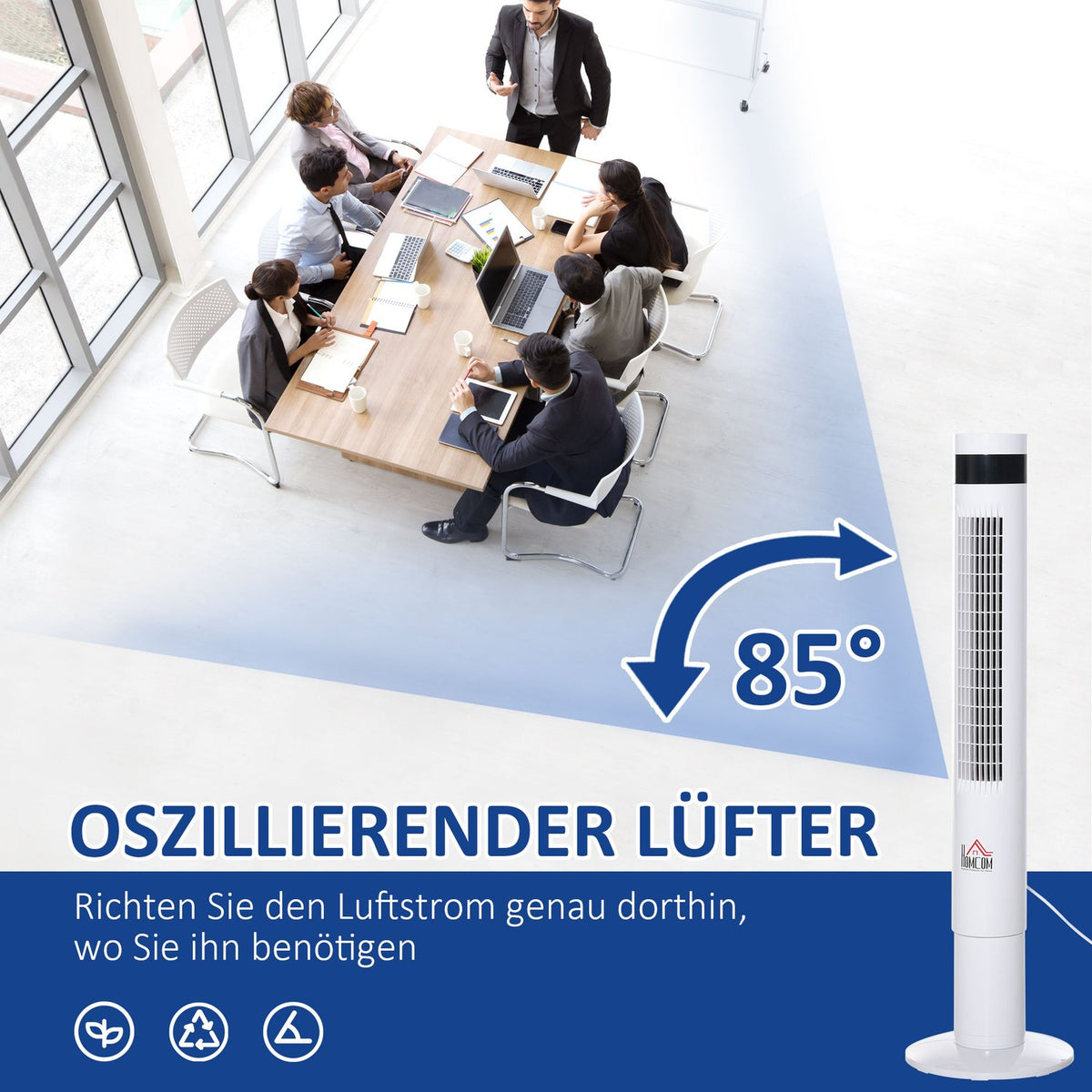 Tower Fan With Remote Control 85° Oscillating, 110Cm, 50W, 3 Modes & Speeds, Steel, White