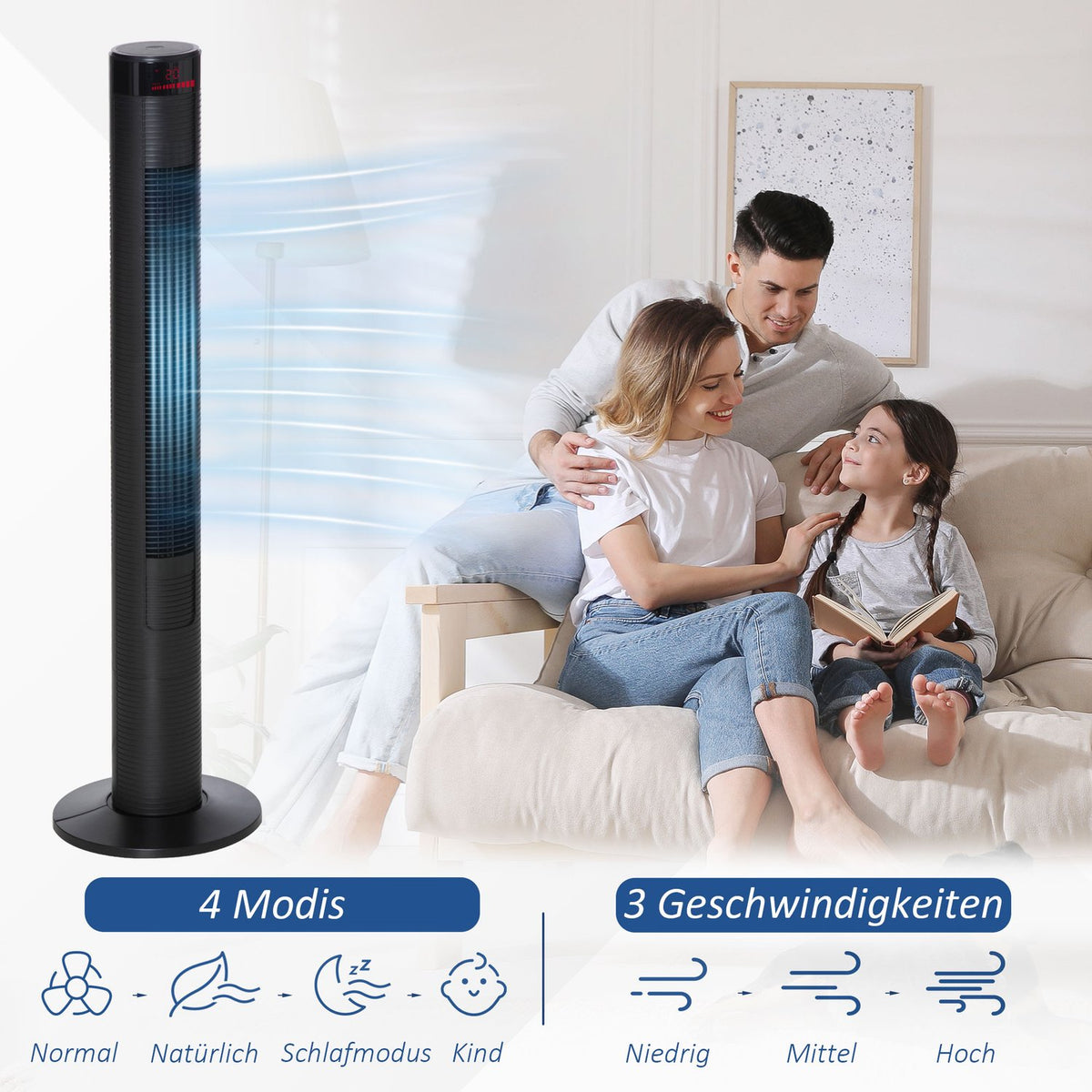 Tower Fan With Remote Control Column Fan With Timer, 45 W, Pedestal Fan, Four Modes, 70° Oscillation, Abs, Black