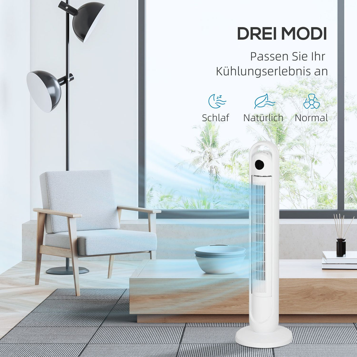 Tower fan, pedestal fan with 3 ventilation levels, remote control, 55W fan with 24H timer, LCD display, 70° oscillation, for bedroom, white