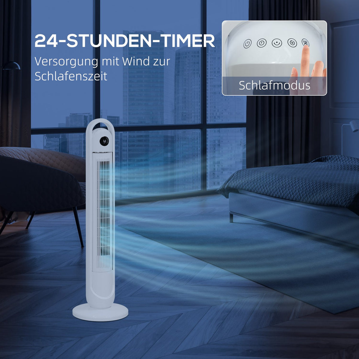 Tower fan, pedestal fan with 3 ventilation levels, remote control, 55W fan with 24H timer, LCD display, 70° oscillation, for bedroom, white