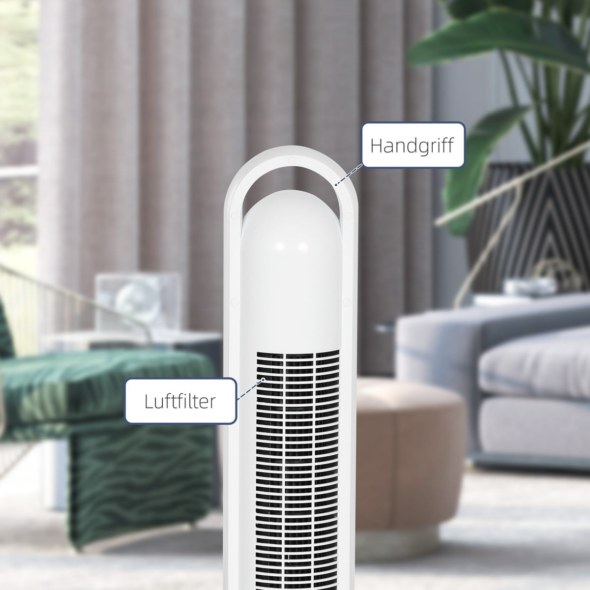 Tower fan, pedestal fan with 3 ventilation levels, remote control, 55W fan with 24H timer, LCD display, 70° oscillation, for bedroom, white