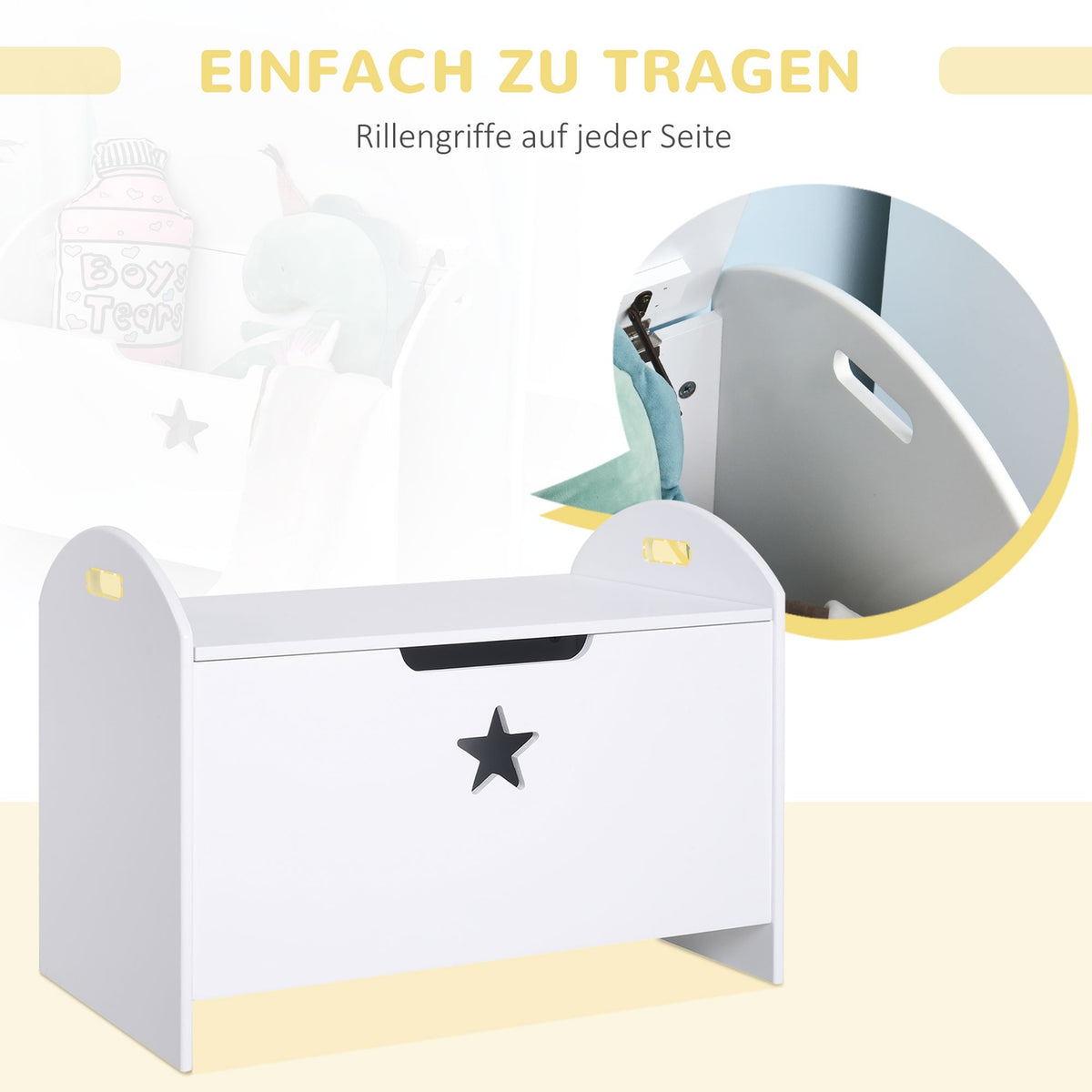 Toy Box Children'S Storage Box With Safety Hinge, White, Mdf, 62X40X46.5Cm