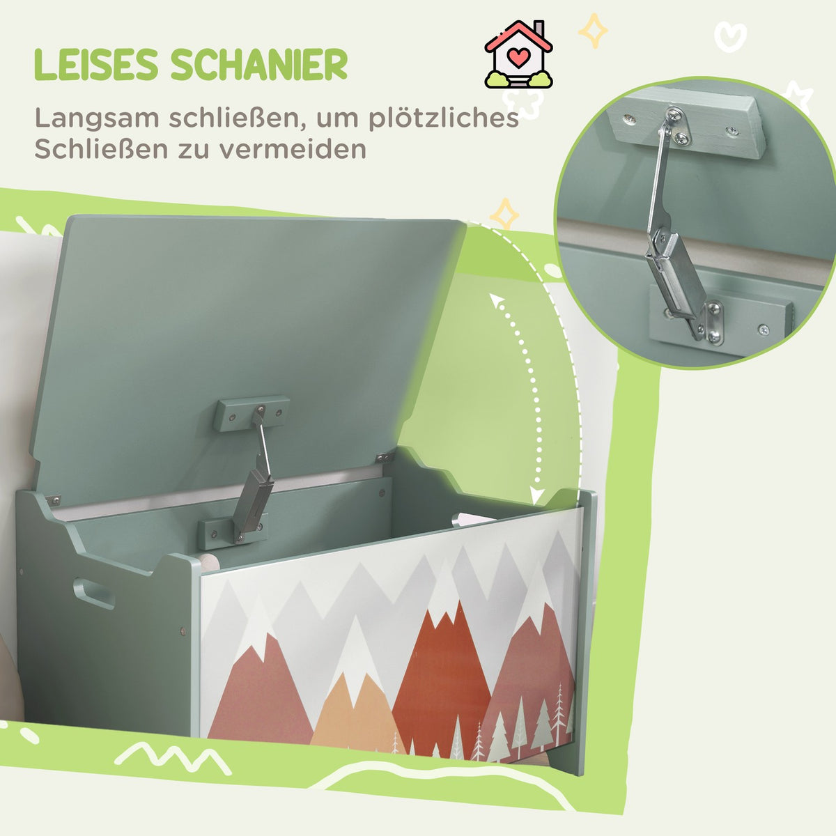 Toy Box with Lid, Toy Chest with Cute Animal Design, Storage Box with Lid Safety Hinge Handle, for Kids Room, Bedroom, Green