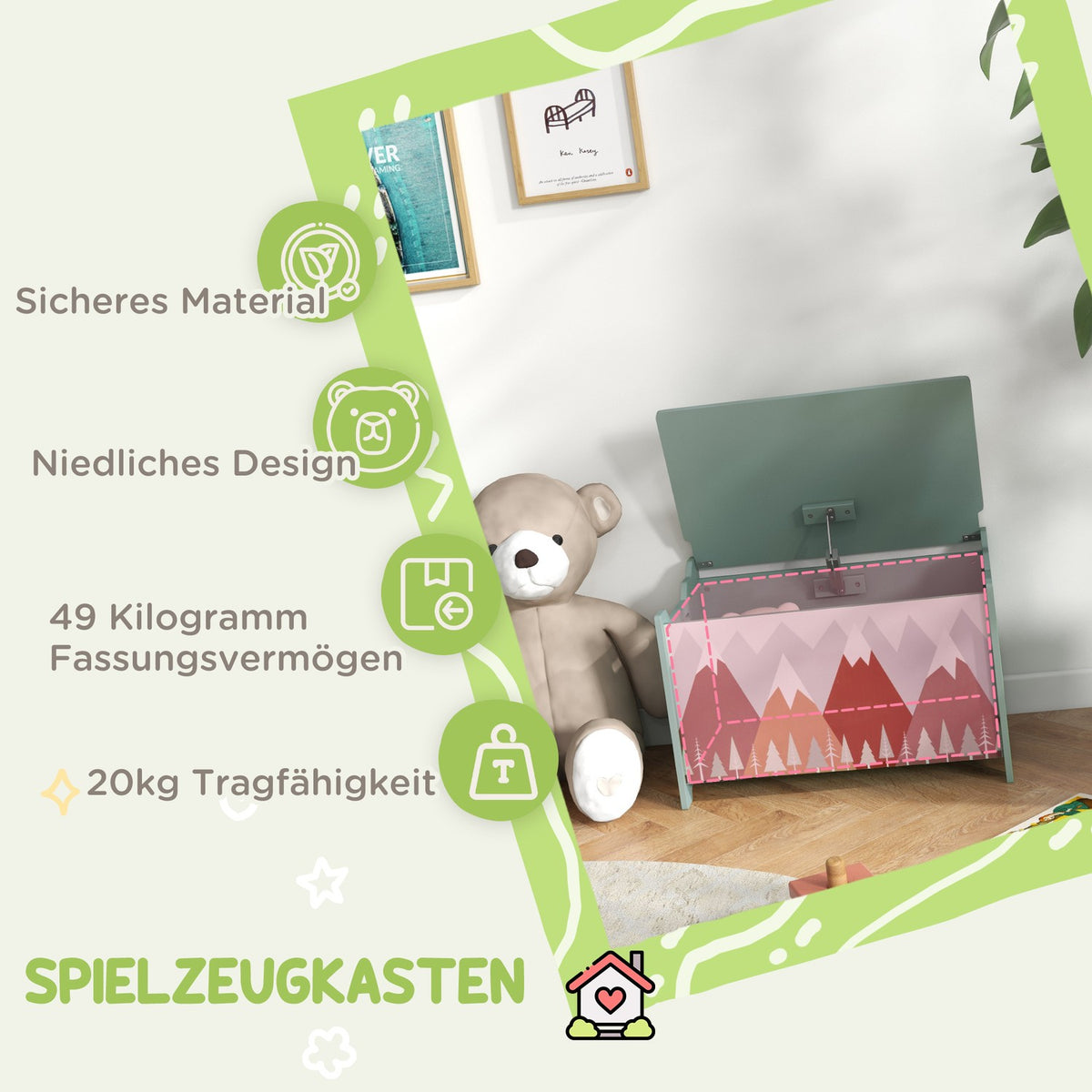 Toy Box with Lid, Toy Chest with Cute Animal Design, Storage Box with Lid Safety Hinge Handle, for Kids Room, Bedroom, Green
