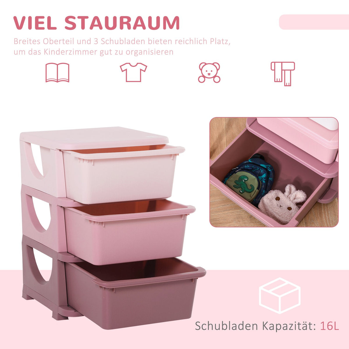 Toy Storage 3 Tier Chest of Drawers Children's Room Small Drawer Cabinet for Children Pink