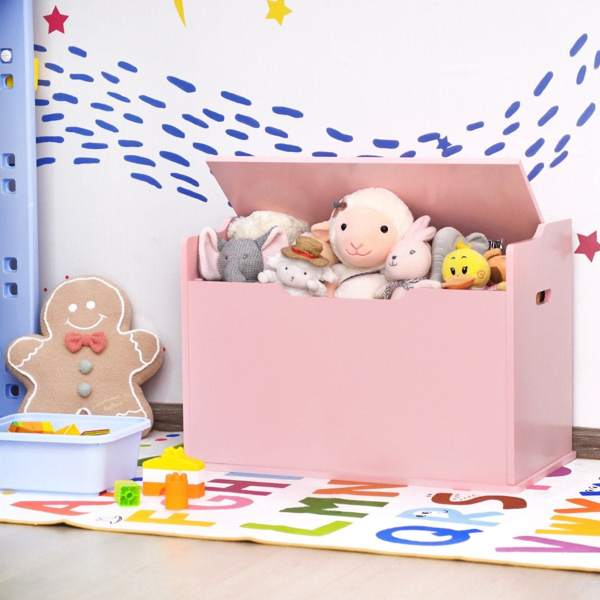 Toy box with lid 2 in 1 toy chest with cushion toy cabinet made of wood with carrying handles pink