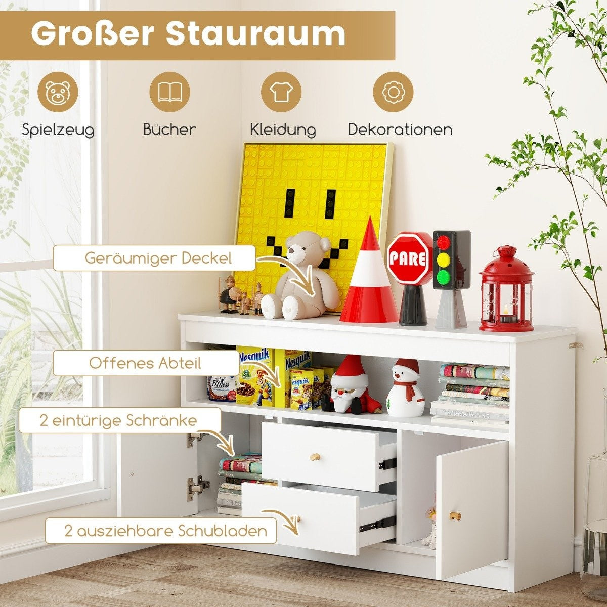 Toy cupboard children's children's shelf made of wood children's cupboard with 2 drawers and 2 doors 106 x 30 x 62 cm white