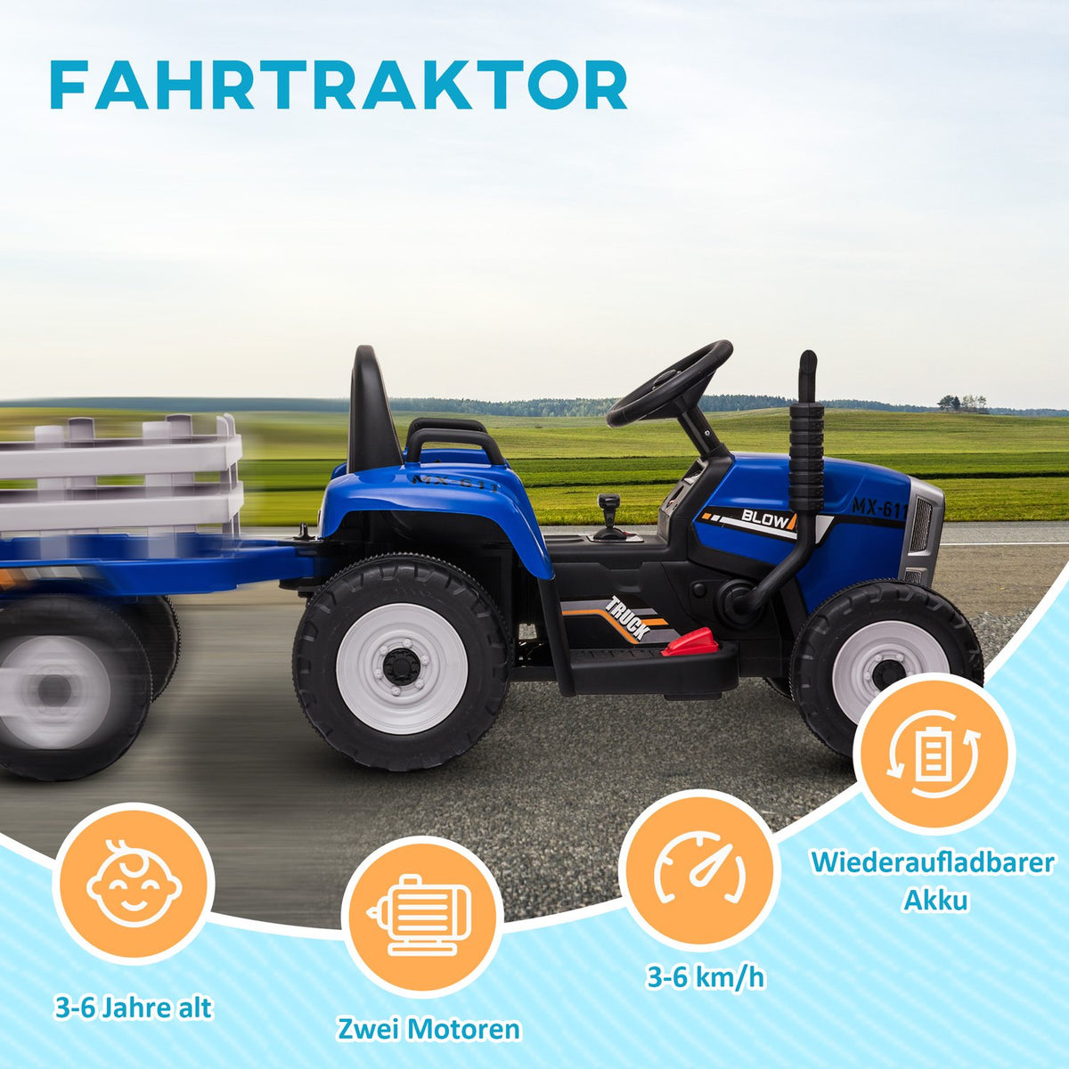 Tractor Trailer Children'S Ride-On Tractor Remote Control Electric Car Mp3 Headlight 3-6Km/H 3-6 Years Blue