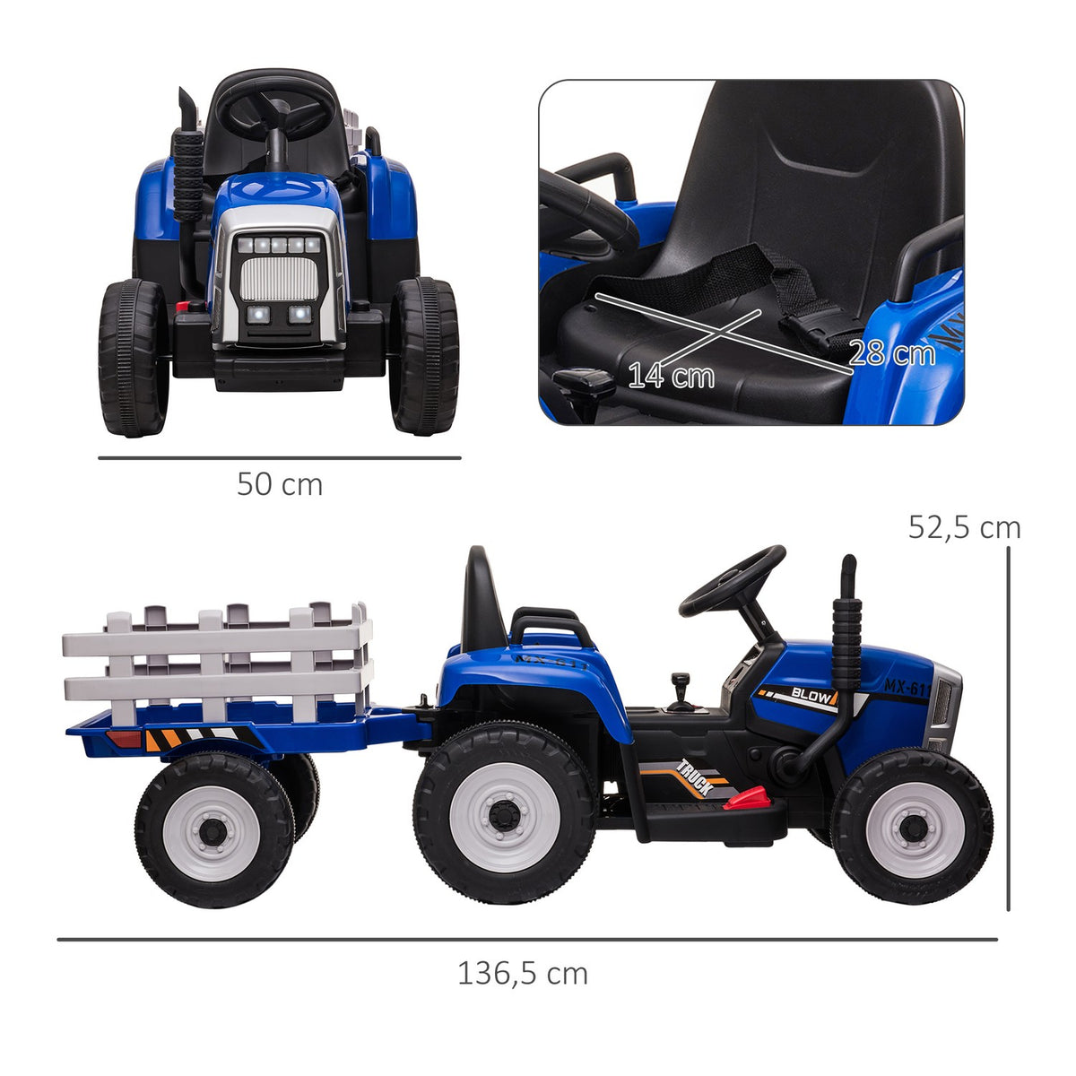 Tractor Trailer Children'S Ride-On Tractor Remote Control Electric Car Mp3 Headlight 3-6Km/H 3-6 Years Blue