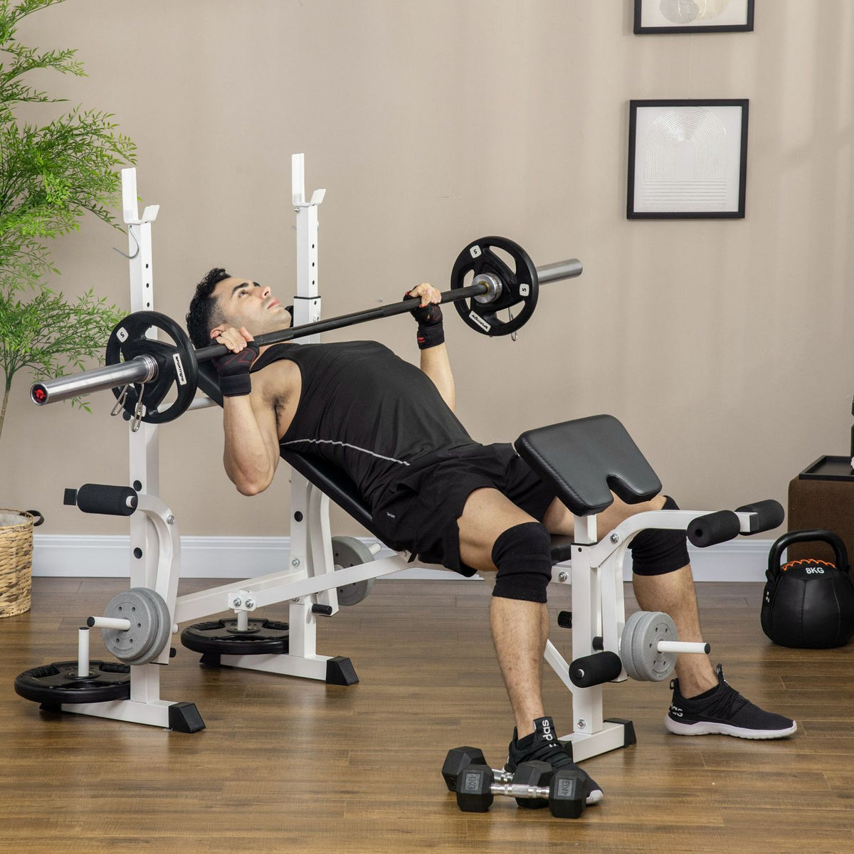 Training Bench Weight Bench With Leg Press, Dumbbell Rest, Arm Rest, For Weight Training, Black+White