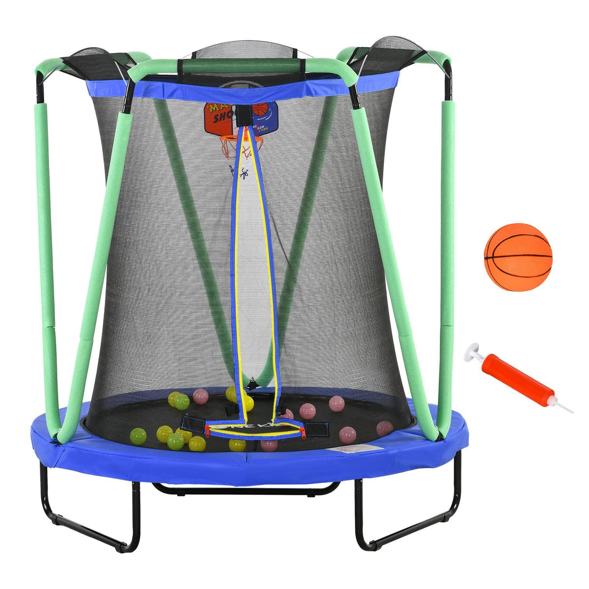 Trampoline Children'S Trampoline Safety Net Diameter 140 Cm Garden Trampoline Basketball Hoop Basketball 20 Balls 3-10 Years Blue