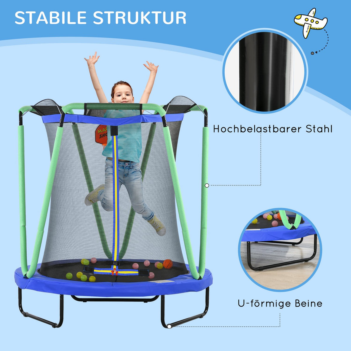 Trampoline Children'S Trampoline Safety Net Diameter 140 Cm Garden Trampoline Basketball Hoop Basketball 20 Balls 3-10 Years Blue