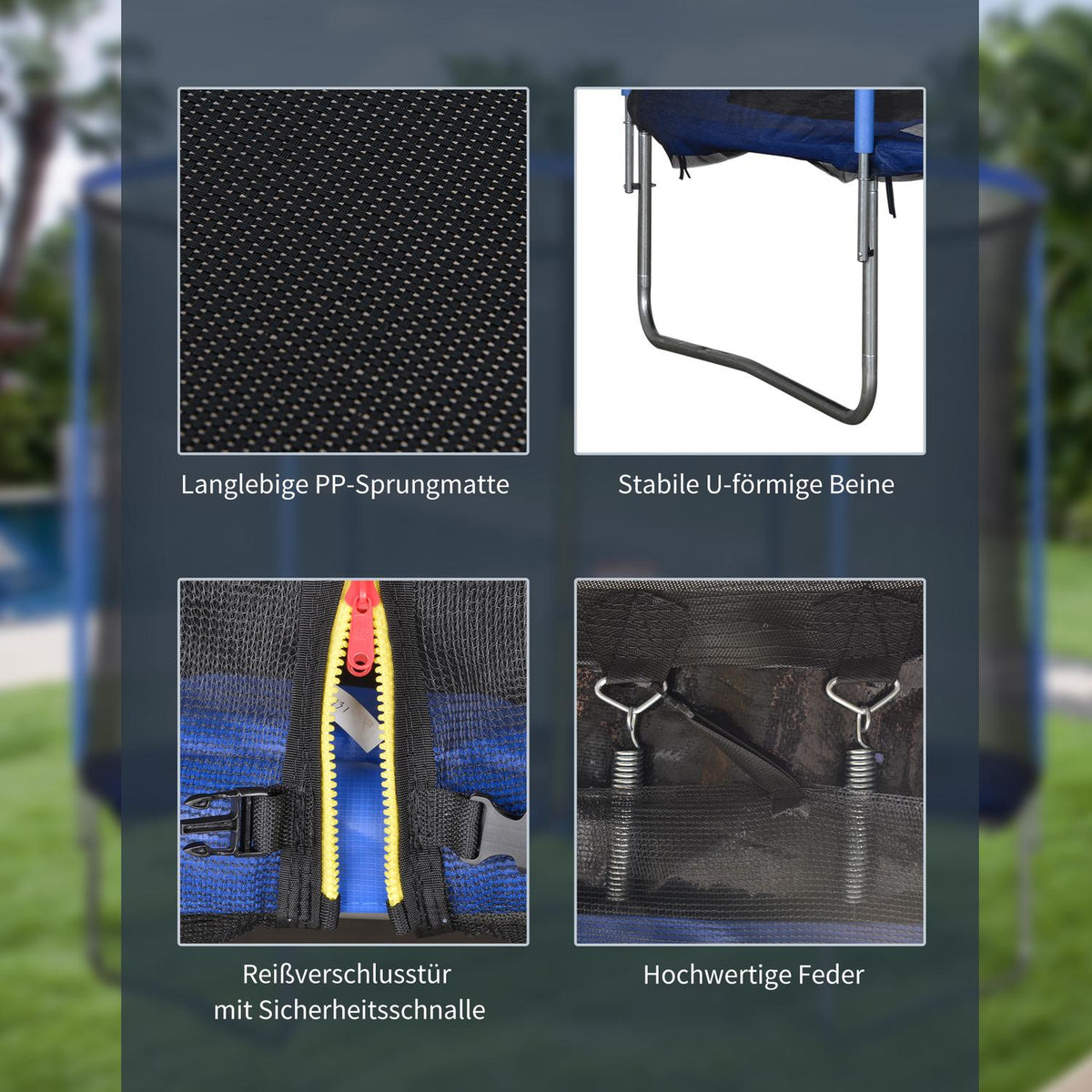 Trampoline with safety net, garden trampoline for indoor and outdoor use, fitness trampoline, blue + black, up to 113.6 kg, Ø305 x 248H cm