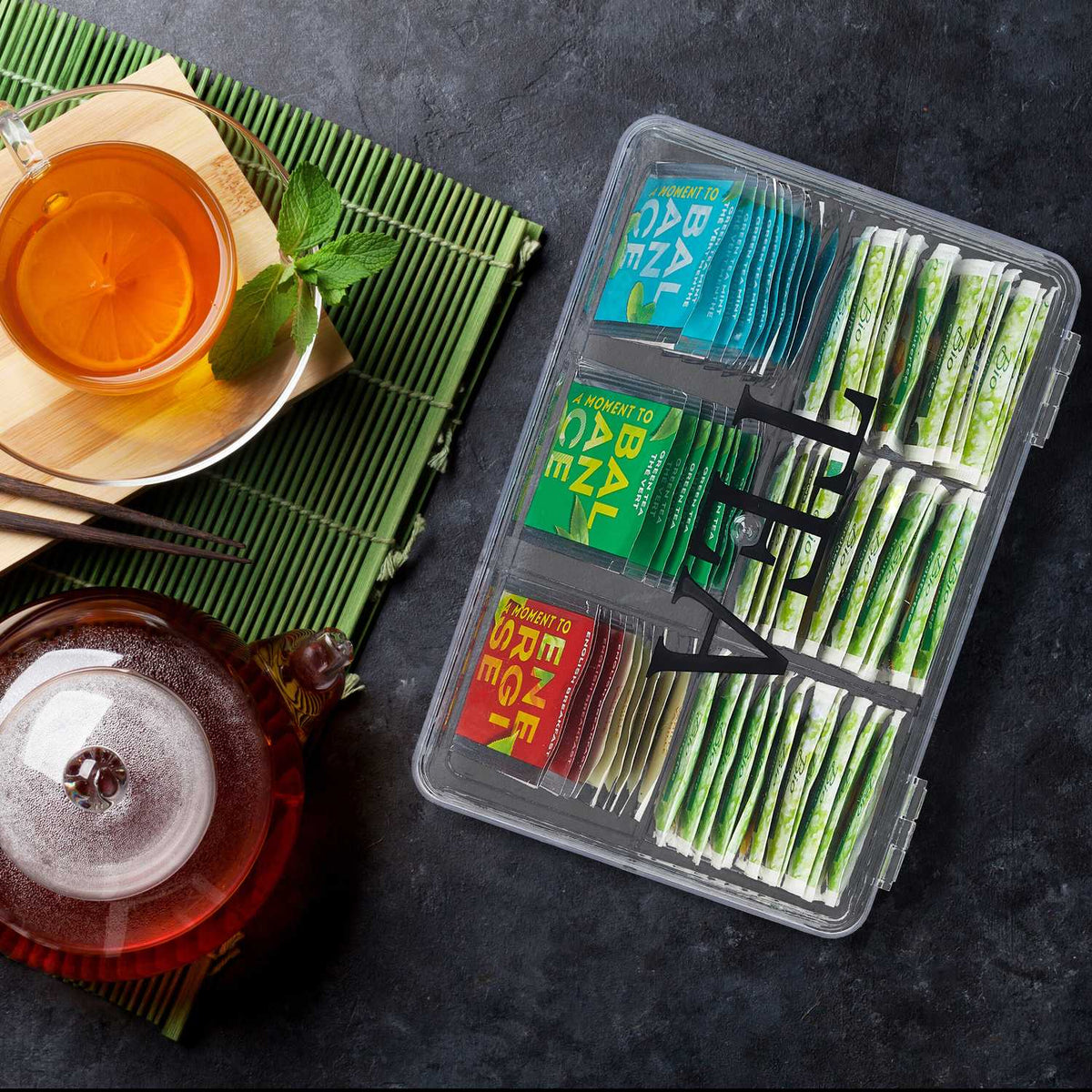 Transparent tea box with 6 compartments