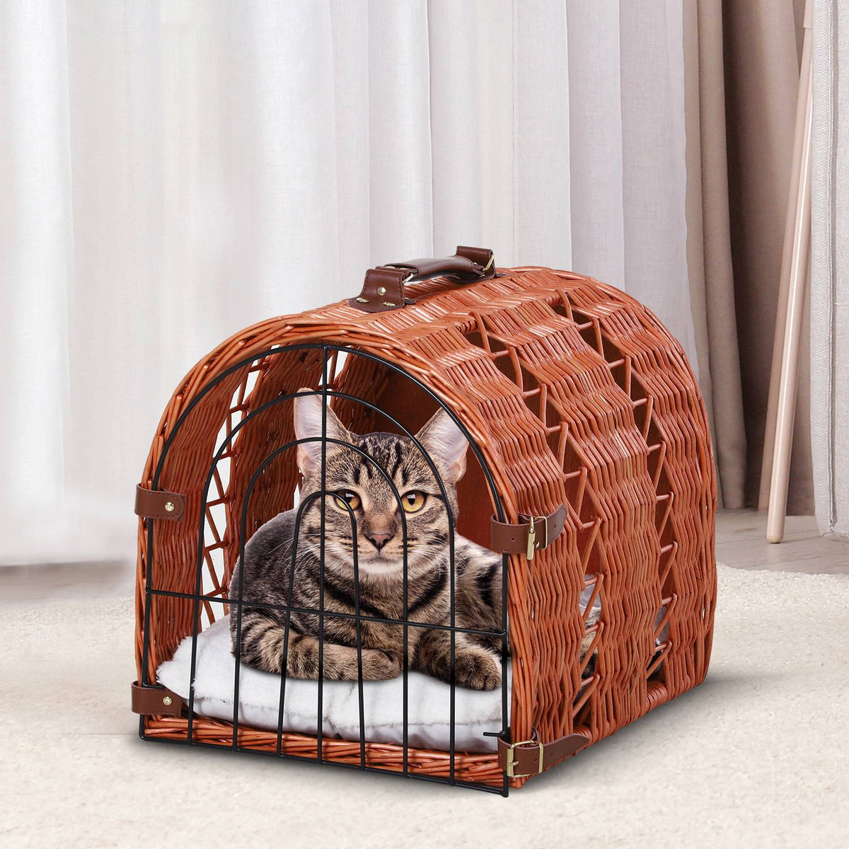Transport Basket For Cats And Dogs, Wicker Basket With Cushion And Grid, Brown, Metal, 42X35X37 Cm