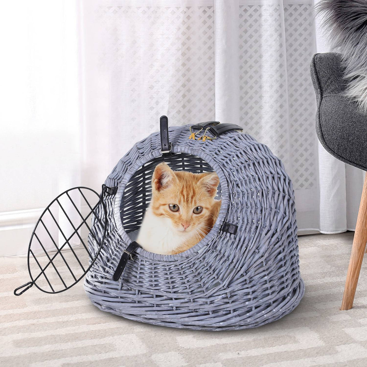 Transport Box For Cats And Dogs Wicker Basket Cave With Grid, Gray, 47X35X35 Cm