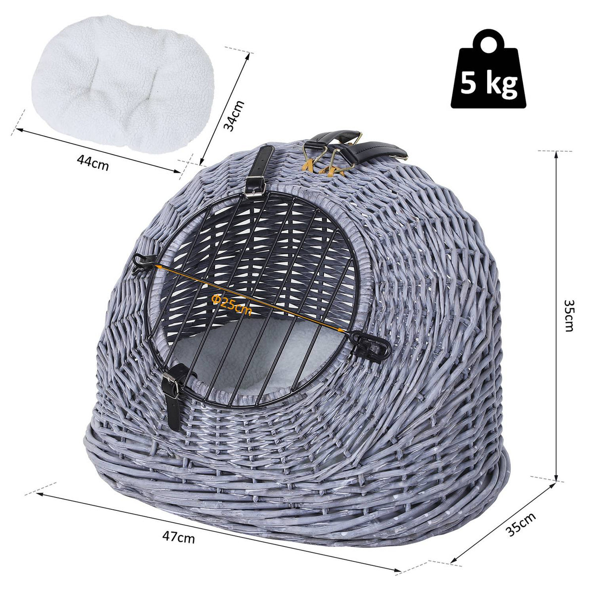 Transport Box For Cats And Dogs Wicker Basket Cave With Grid, Gray, 47X35X35 Cm