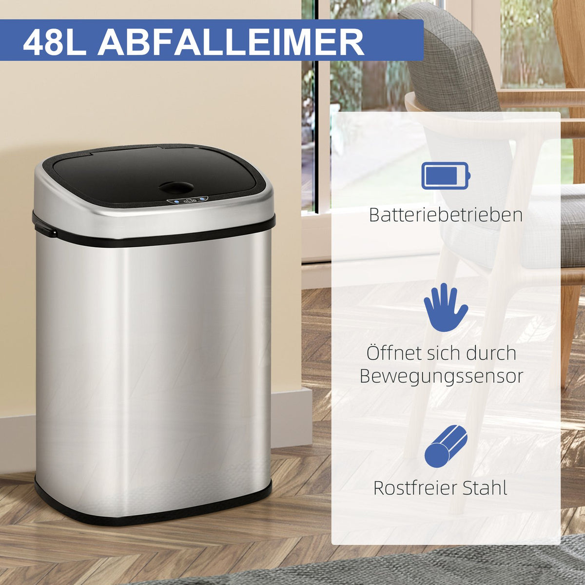 Trash Can 48L Automatic Kitchen Trash Can With Infrared Sensor, Hygienic, Stainless Steel, Silver, L40.5Xw29.5Xh68 Cm