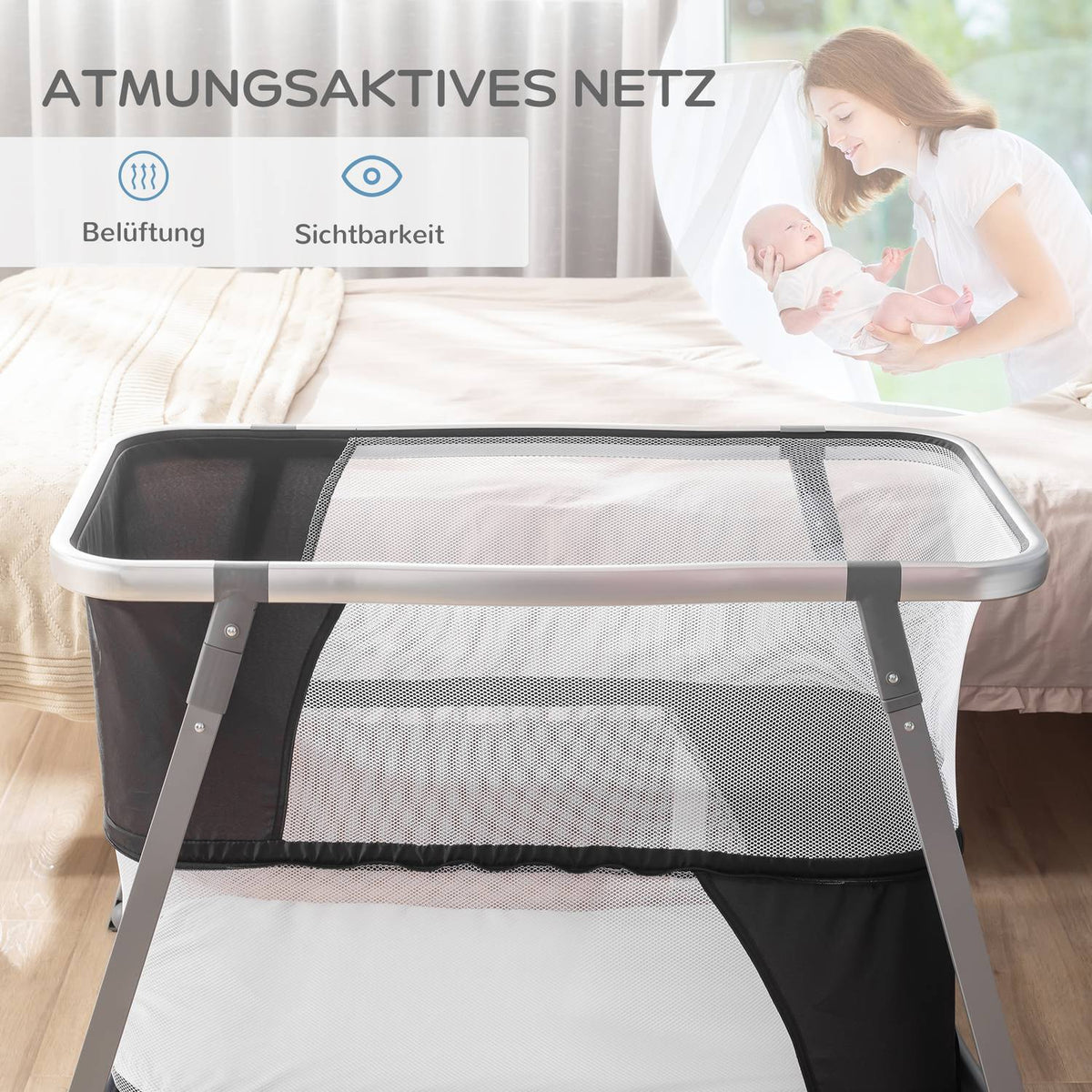 Travel Cot, Baby Cradle, Side Bed, Height Adjustable, Foldable, Oxford Fabric, Black + White