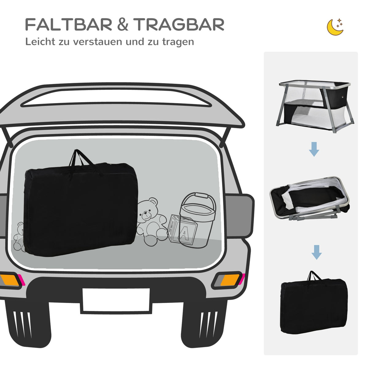Travel Cot, Baby Cradle, Side Bed, Height Adjustable, Foldable, Oxford Fabric, Black + White