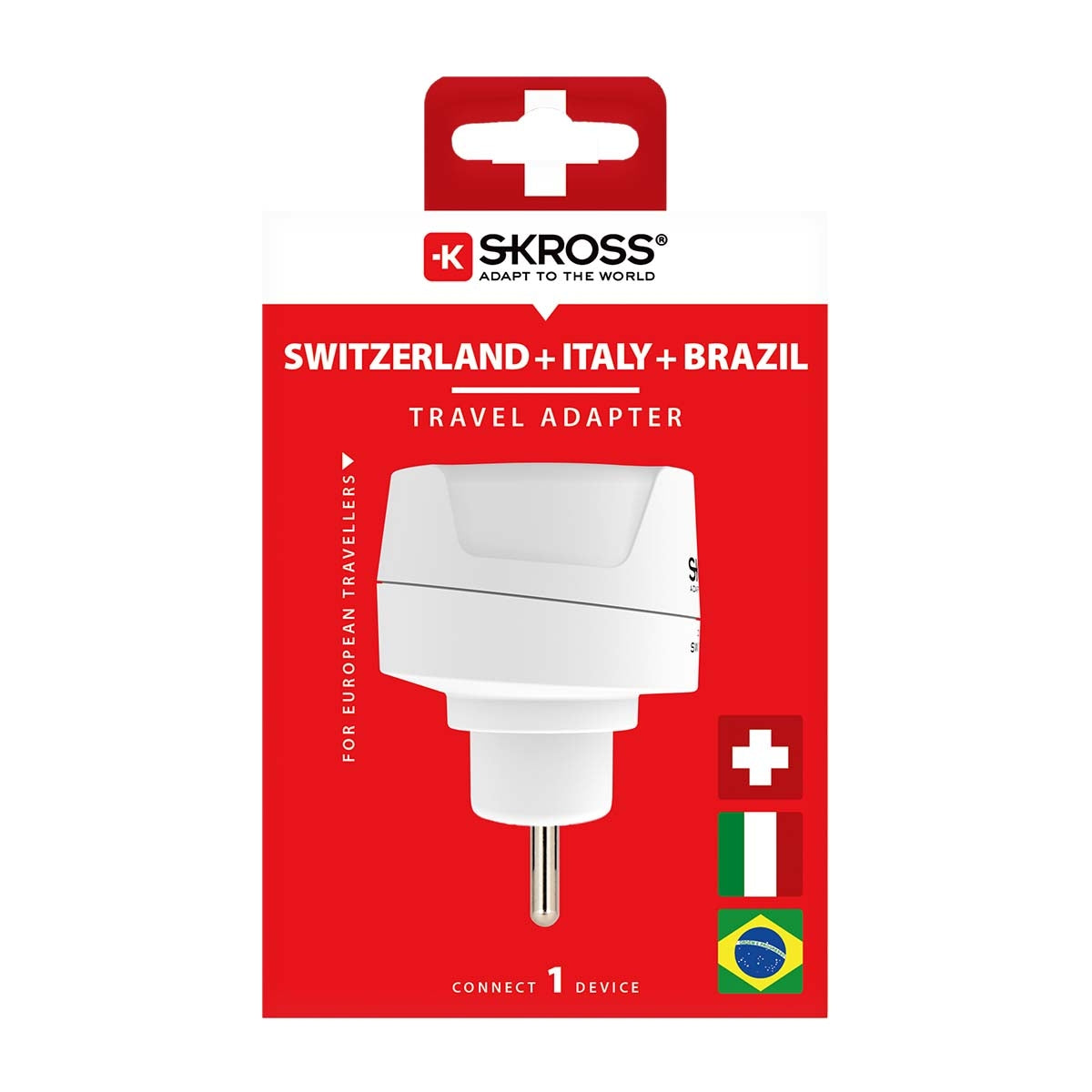 Travel adapter Europe to Switzerland + Italy + Brazil - For 2- and 3-pole devices (grounding or Euro-plug)