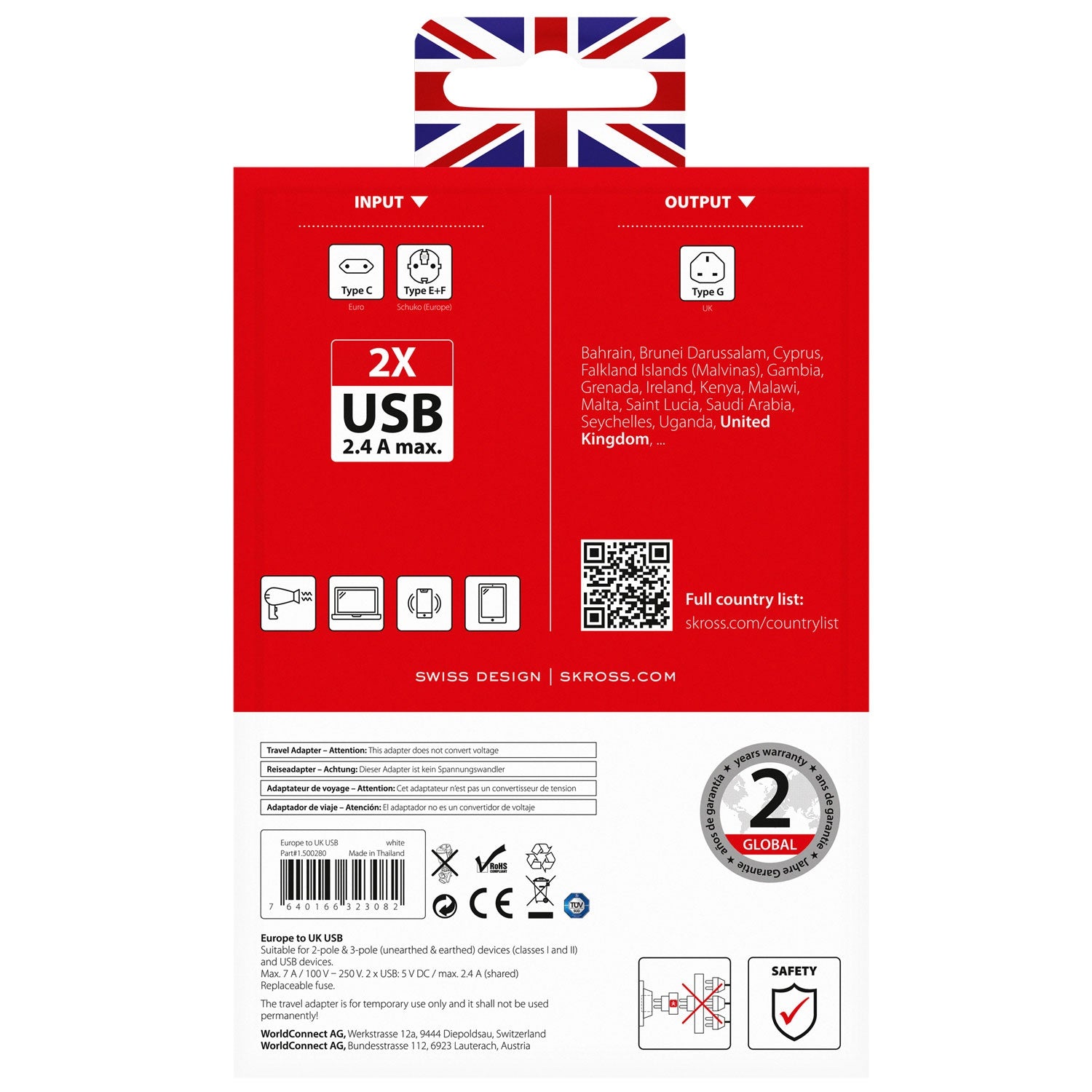 Travel adapter Europe to UK etc. 2xUSB-A 12W Grounded
