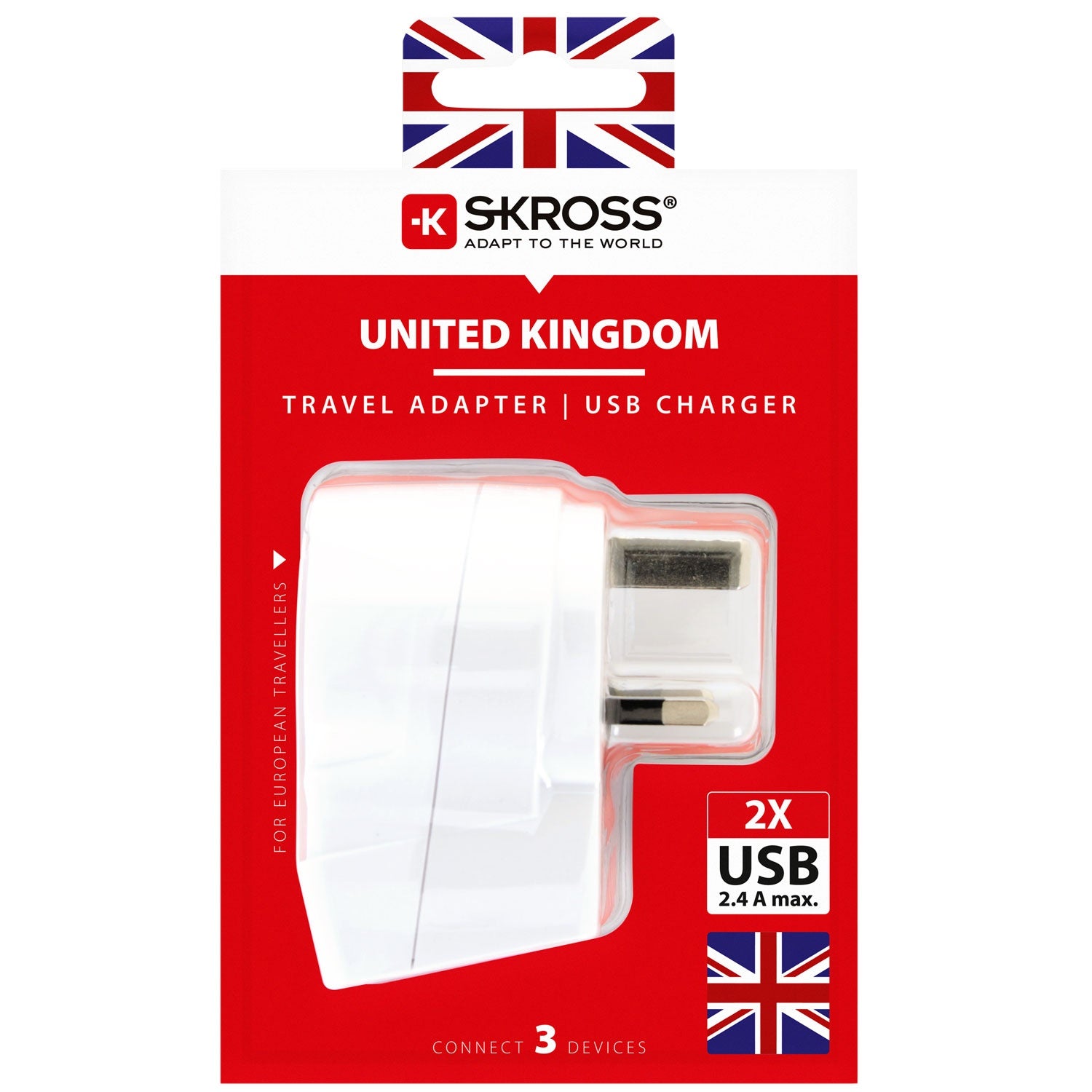 Travel adapter Europe to UK etc. 2xUSB-A 12W Grounded
