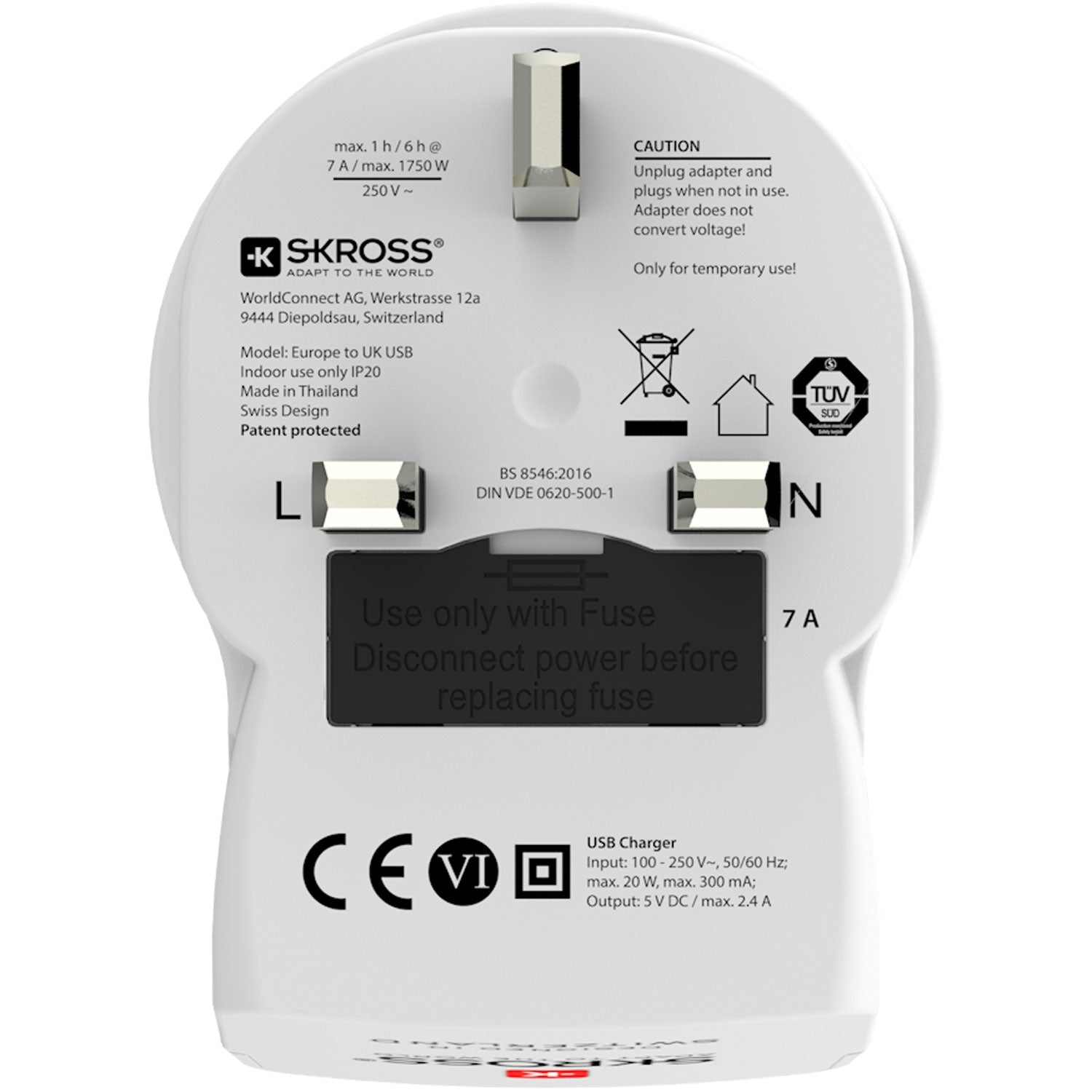 Travel adapter Europe to UK etc. 2xUSB-A 12W Grounded