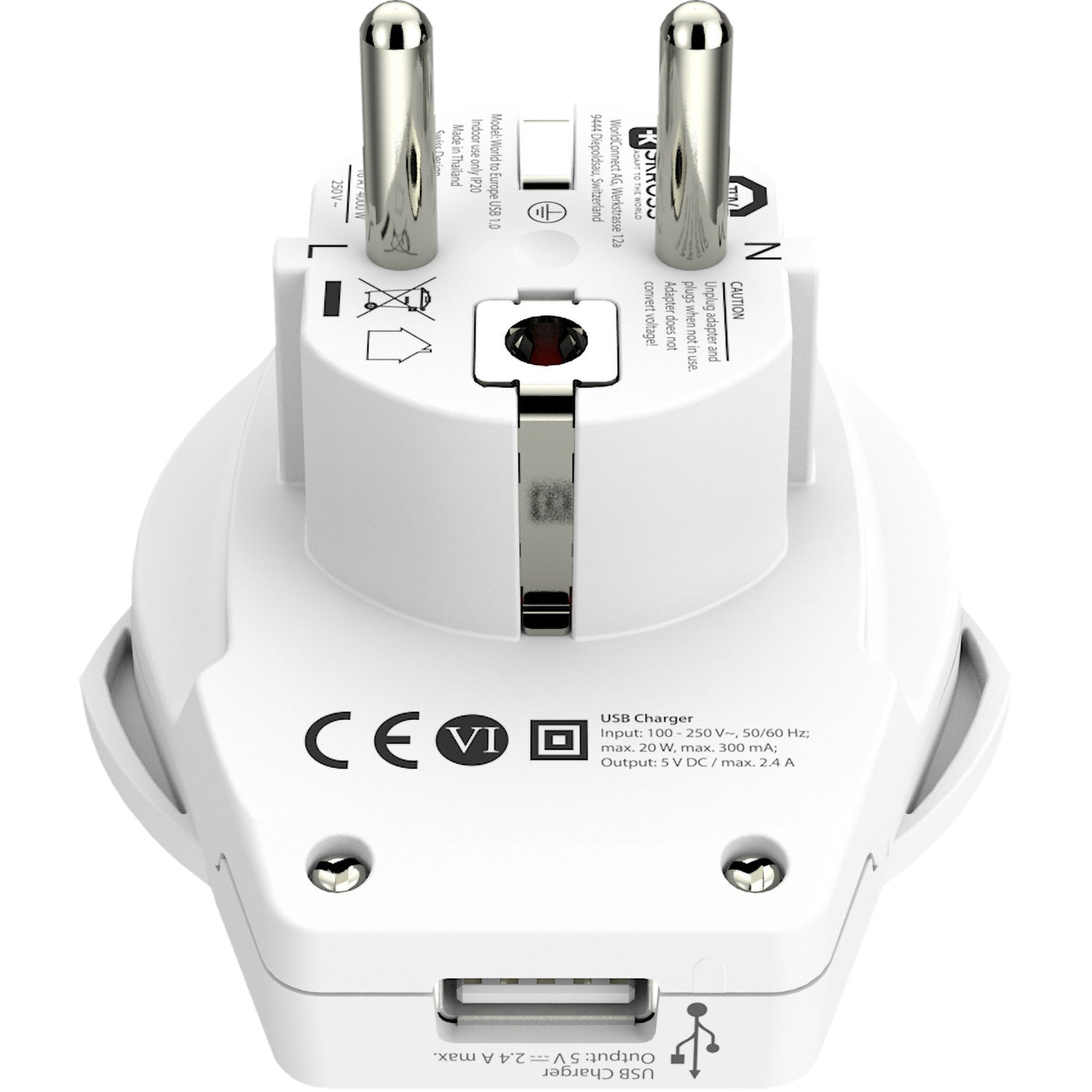 Travel adapter World to Europe USB-A 12W Grounded