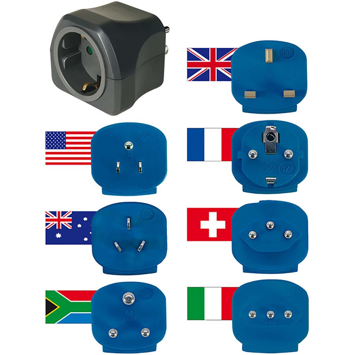 Travel plug set / travel adapter set (travel socket adapter with various accessories for more than 150 countries (7 x plug inserts) black