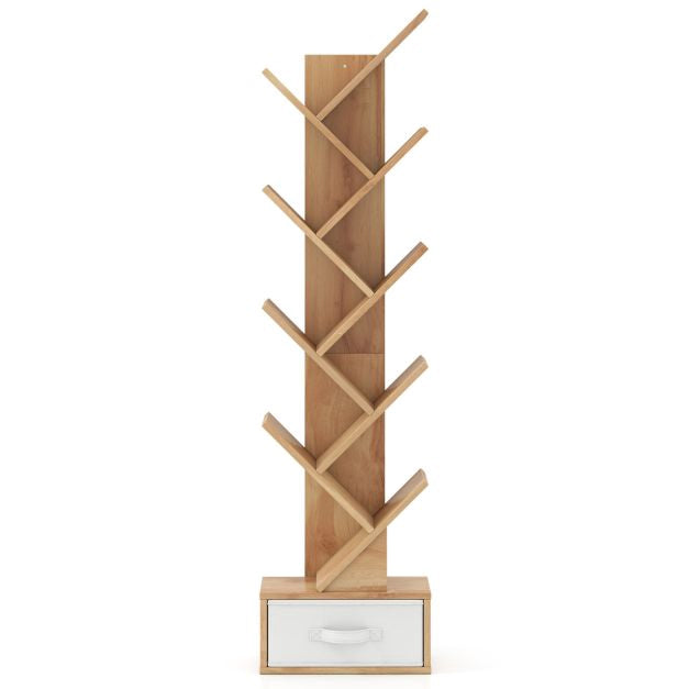 Tree Bookshelf With Drawer, 10 Shelves, Natural Finish