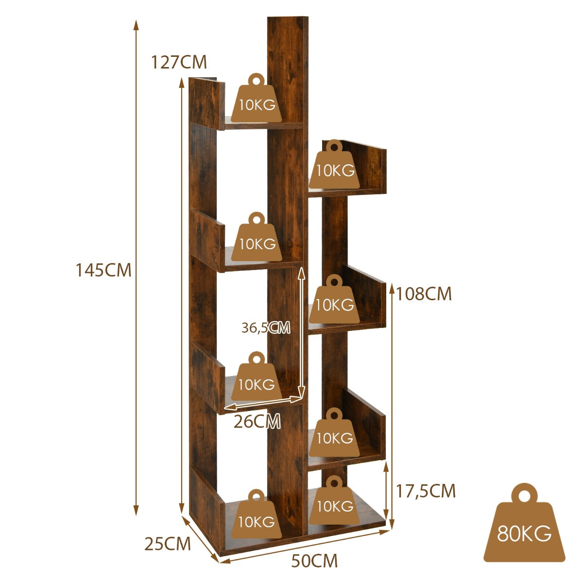 Tree-Shaped Bookshelf, 8-Tier Storage, Anti-Tip, Brown