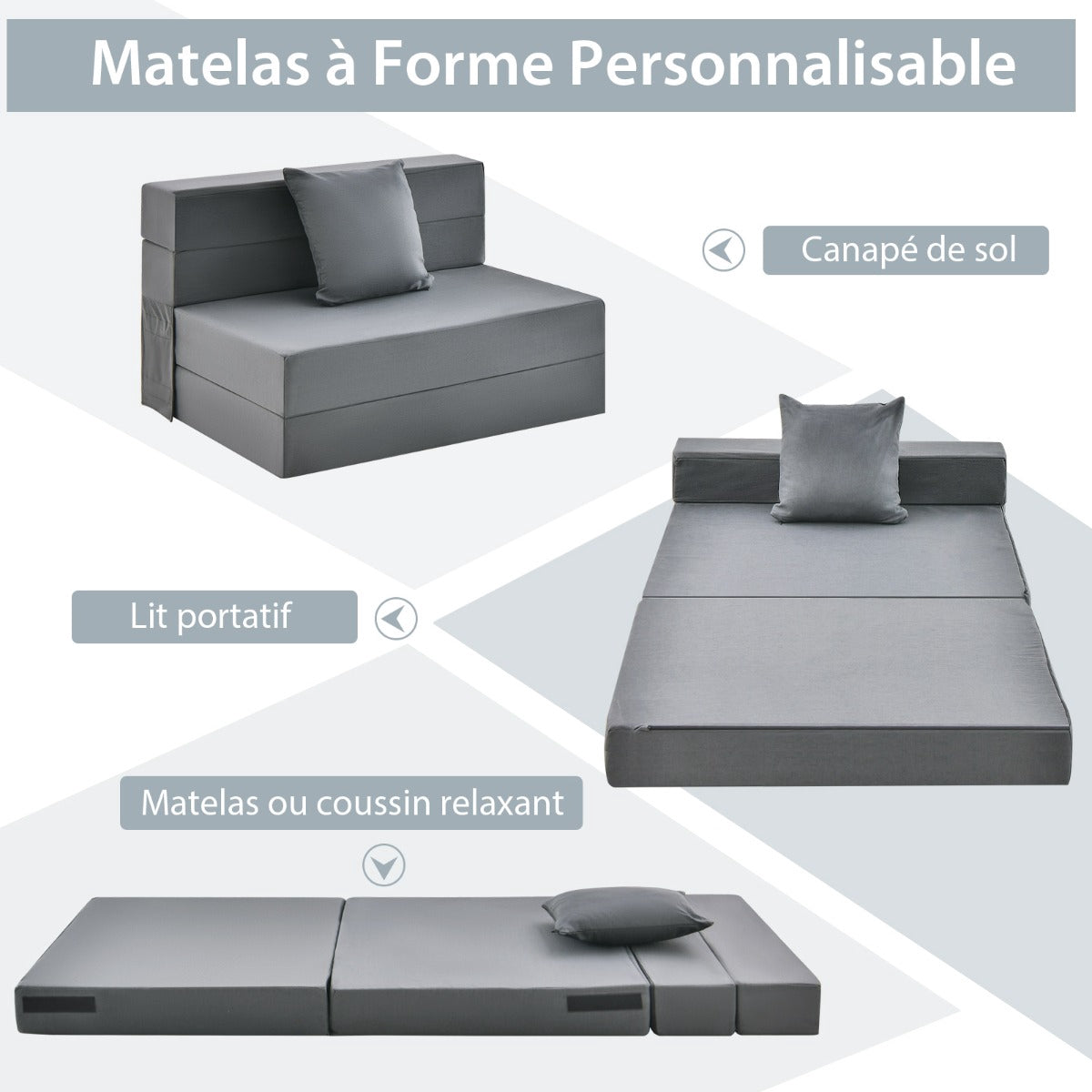 Tri-Fold Sofa Bed Mattress, 6-Inch, With Pillow, Dark Gray