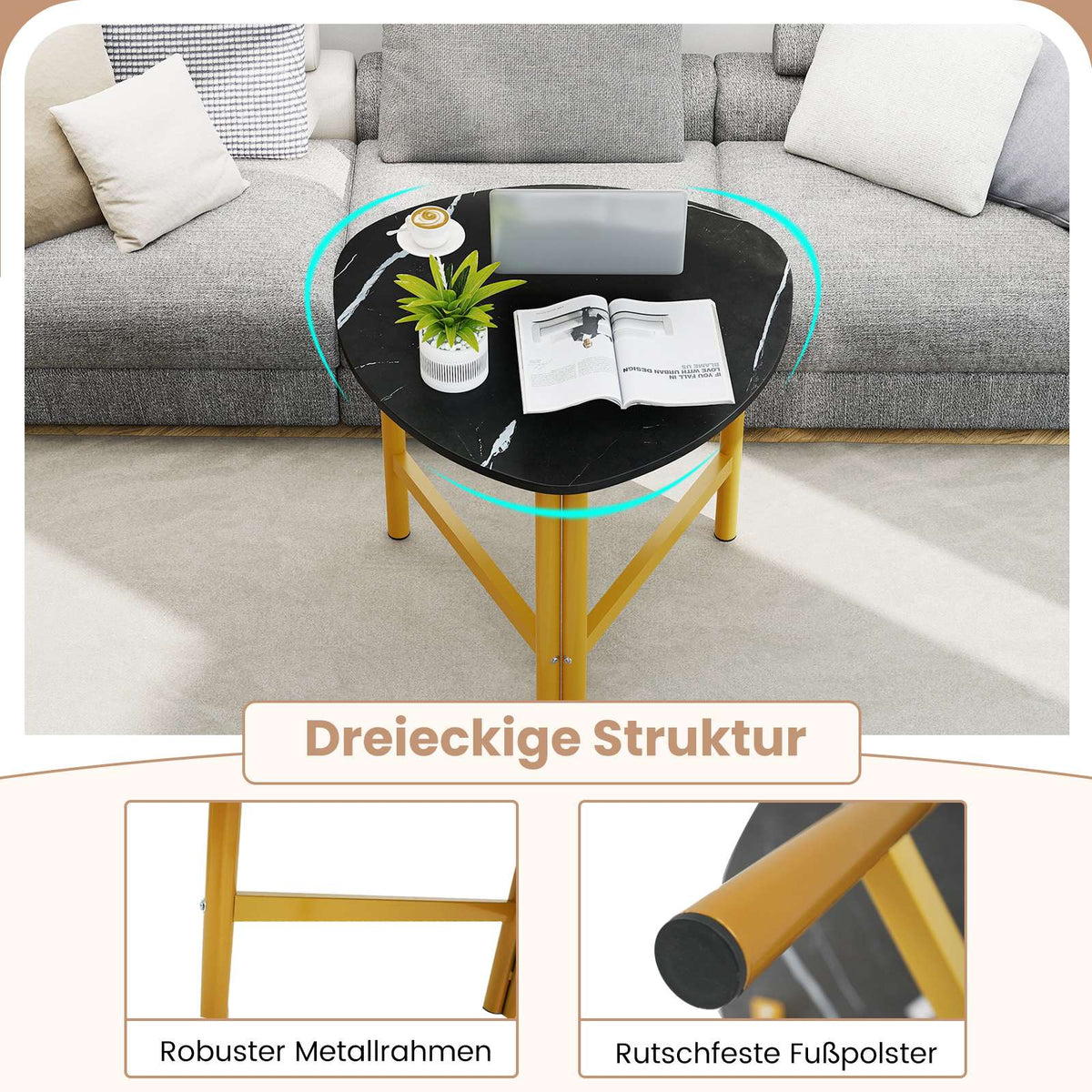 Triangular Coffee Table with Metal Legs, Rustic Brown