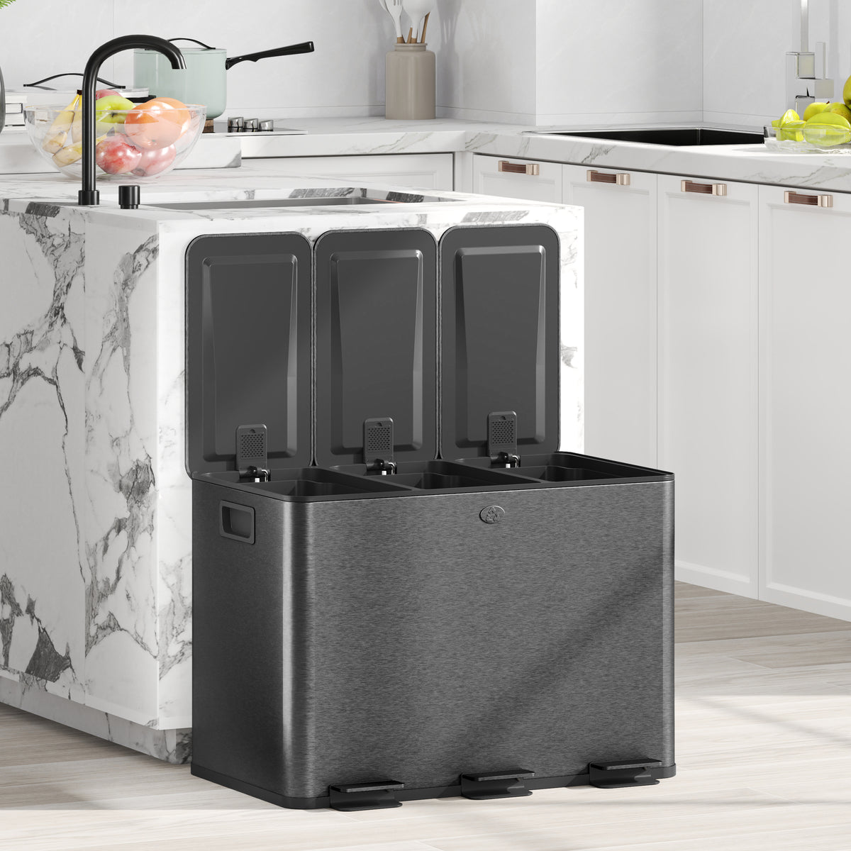 Triple Compartment 60L Stainless Steel Kitchen Bin
