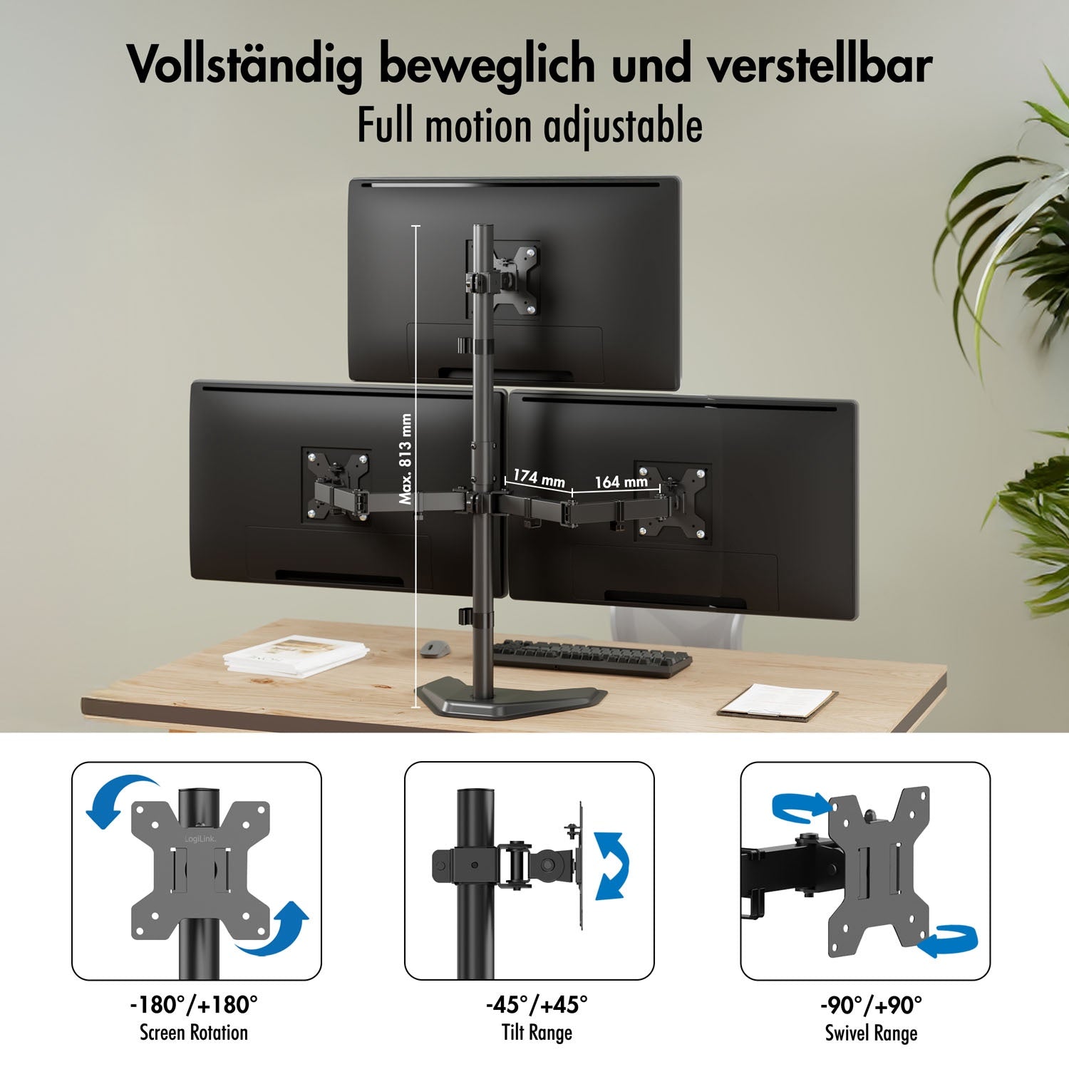 Triple Monitor Stand 17-32" Adjustable Arms Black