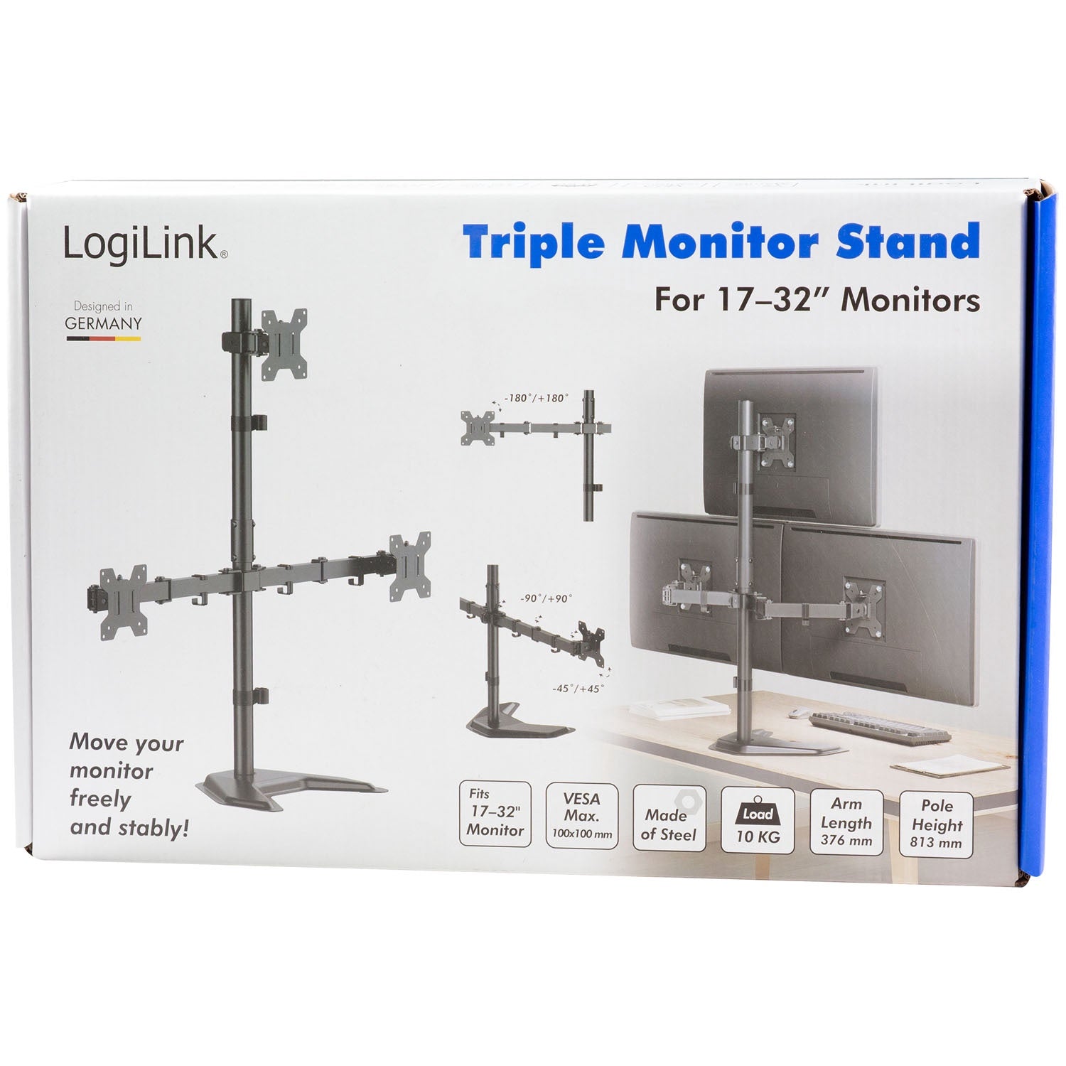 Triple Monitor Stand 17-32" Adjustable Arms Black